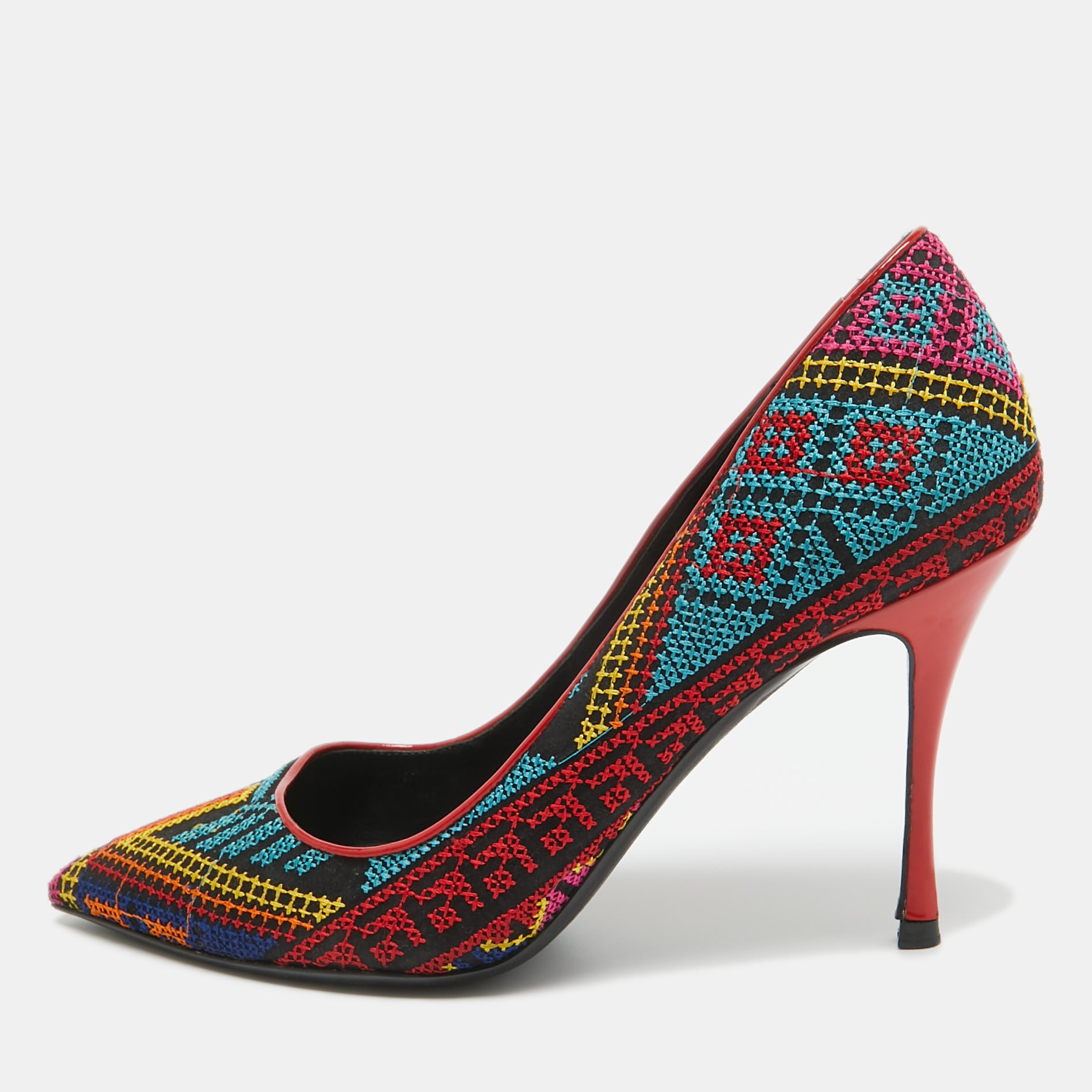 Nicholas kirkwood multicolor mexican embroidered fabric pointed toe pumps size 37