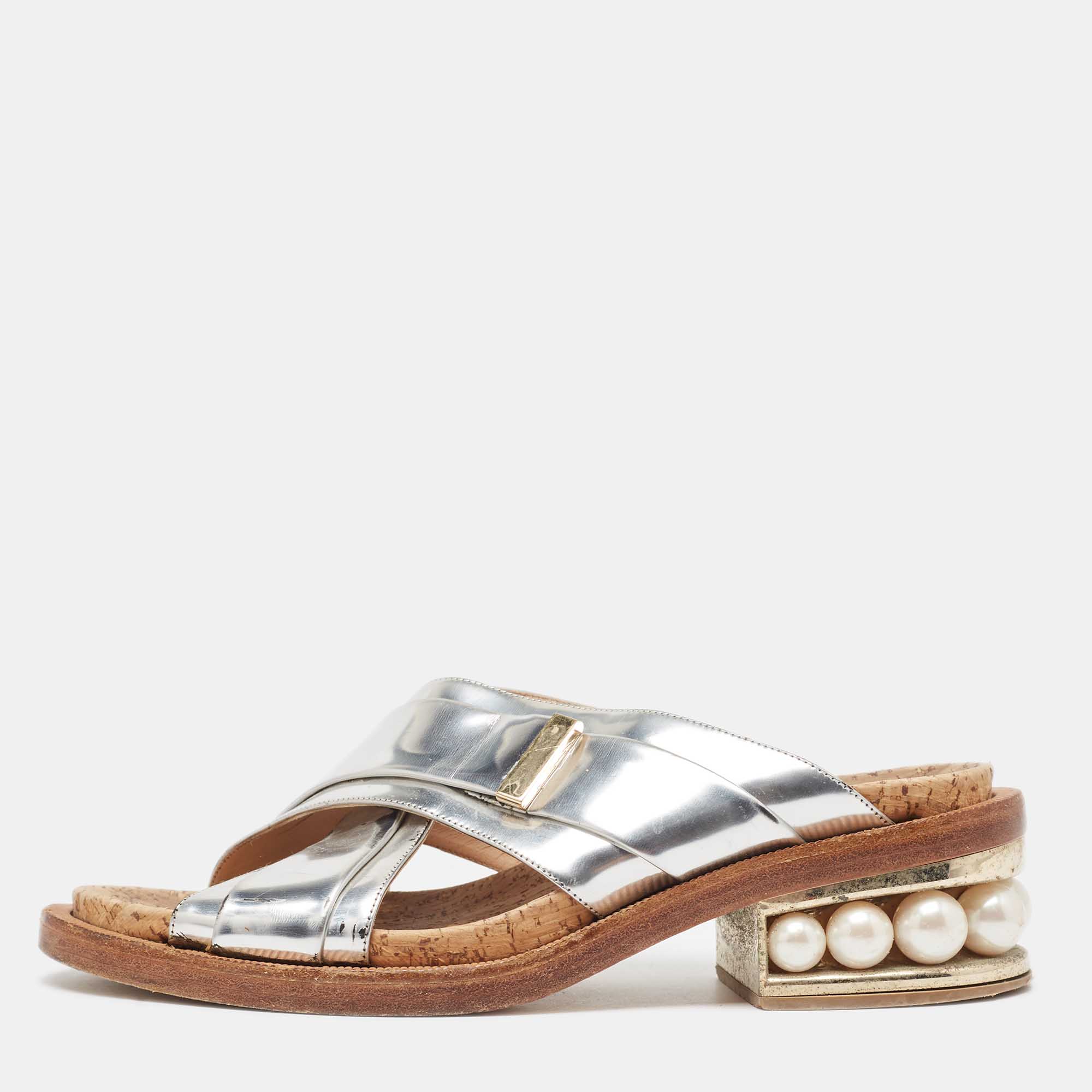 Nicholas kirkwood silver leather faux pearl heel slide sandals size 39
