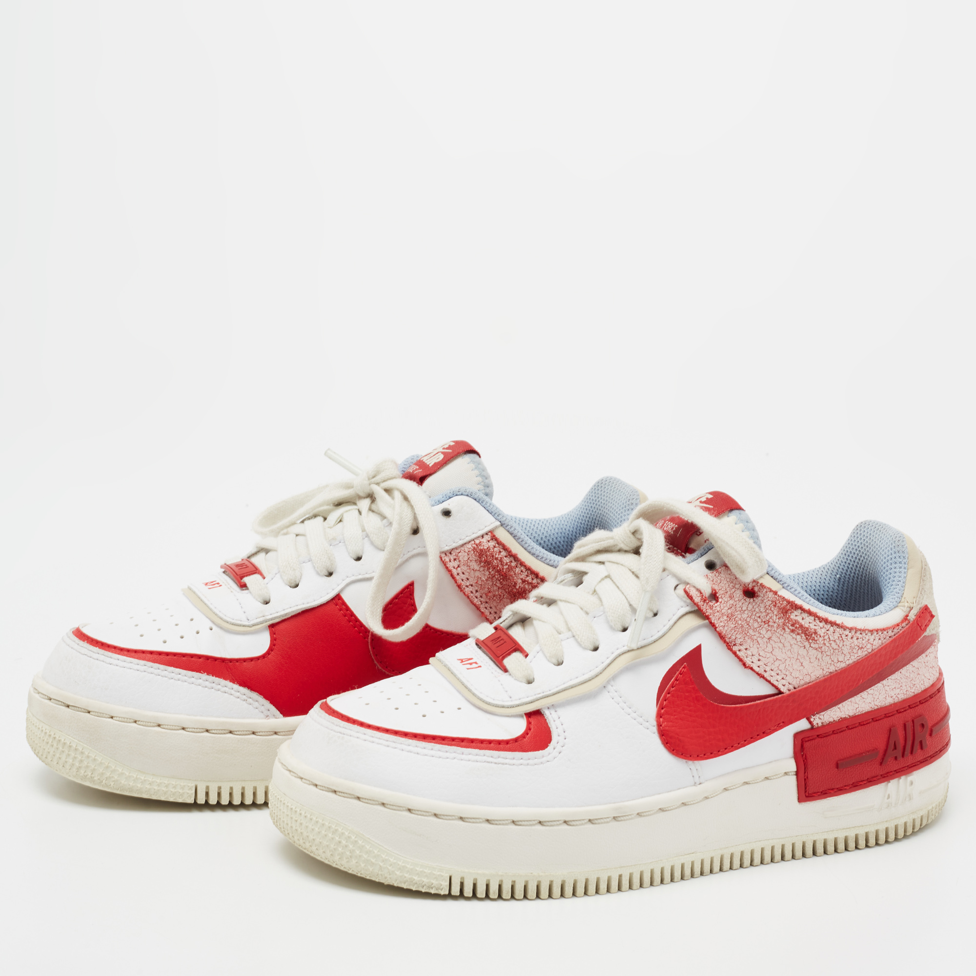 

Nike Red/White Leather and Suede Air Force 1 Shadow Cracked Low-Top Sneakers Size