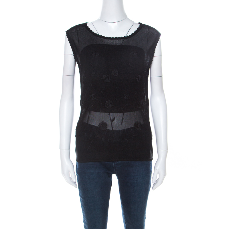 Image of Nina Ricci Black Floral Embroidered Knit Sleeveless Top S