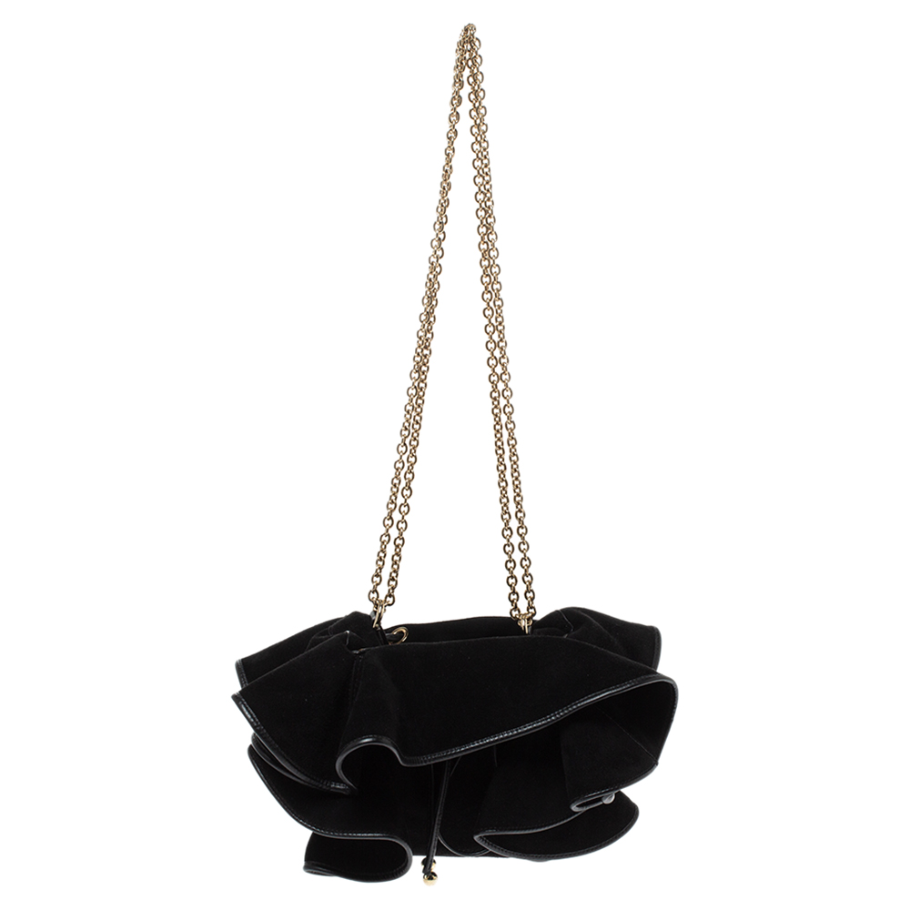 Image of Nina Ricci Black Ruffle Suede Lily Ruched Drawstring Shoulder Bag