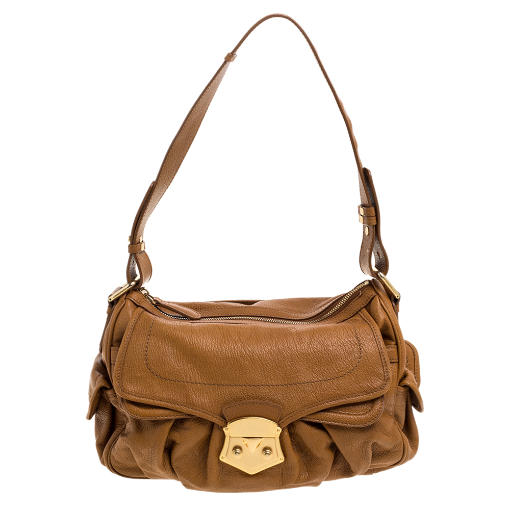 Image of Nina Ricci Brown Leather Front Pocket Flap Shoulder Bag