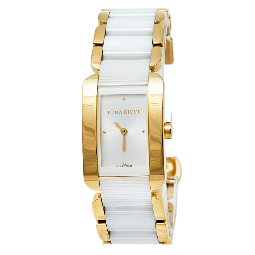 Nina Ricci Silver Gold Plated Stainless Steel Ceramic NO62003SM Women's Wristwatch 24 mm