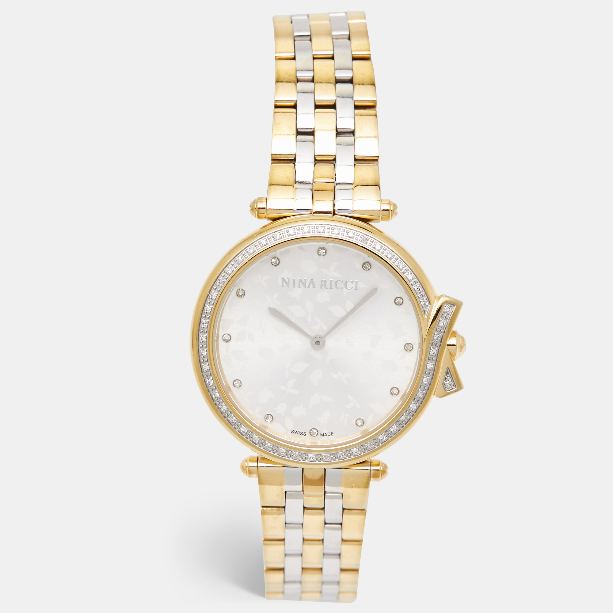 Nina ricci silver two-tone stainless steel diamond classic n081024sm women's wristwatch 36 mm