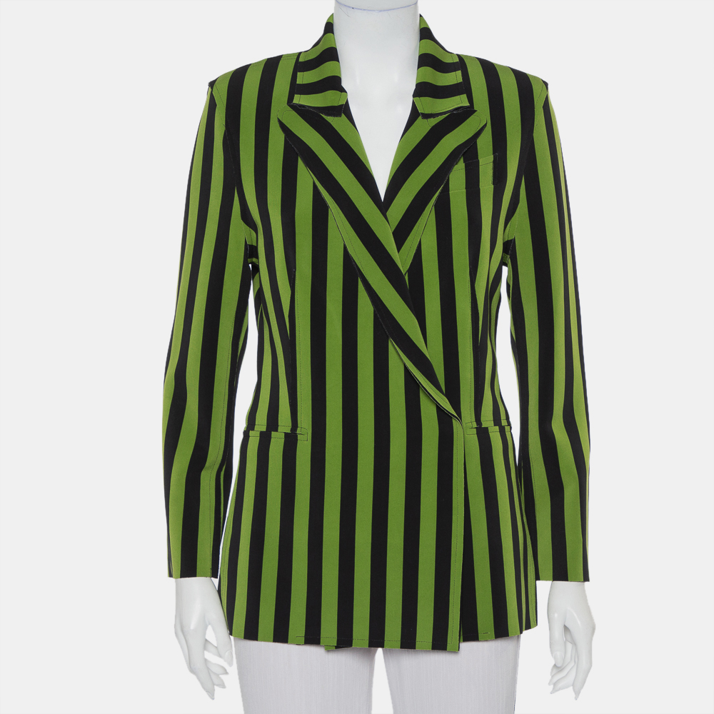 Norma Kamali Green & Black Striped Neoprene Double Breasted Blazer M