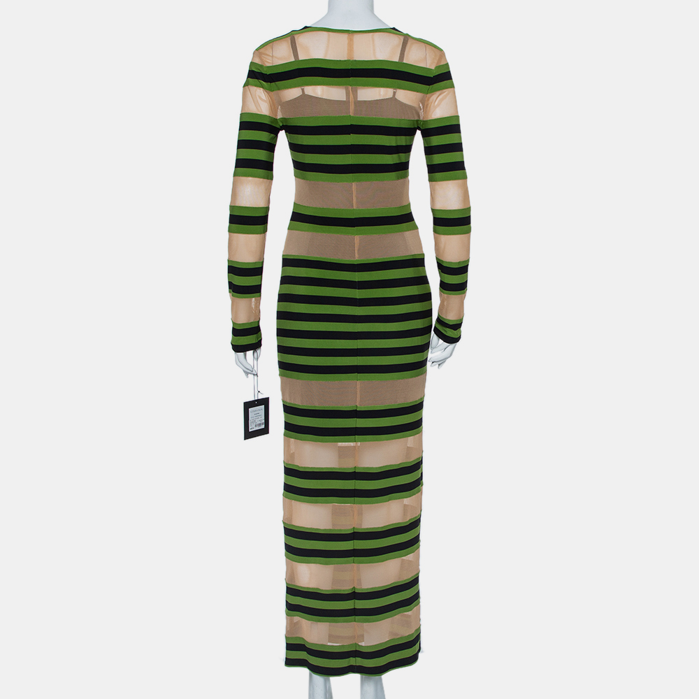 Norma Kamali Beige Mesh & Striped Knit Paneled Spliced Sheer Maxi Dress L
