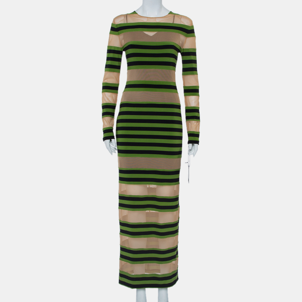 Norma Kamali Beige Mesh & Striped Knit Paneled Spliced Sheer Maxi Dress L