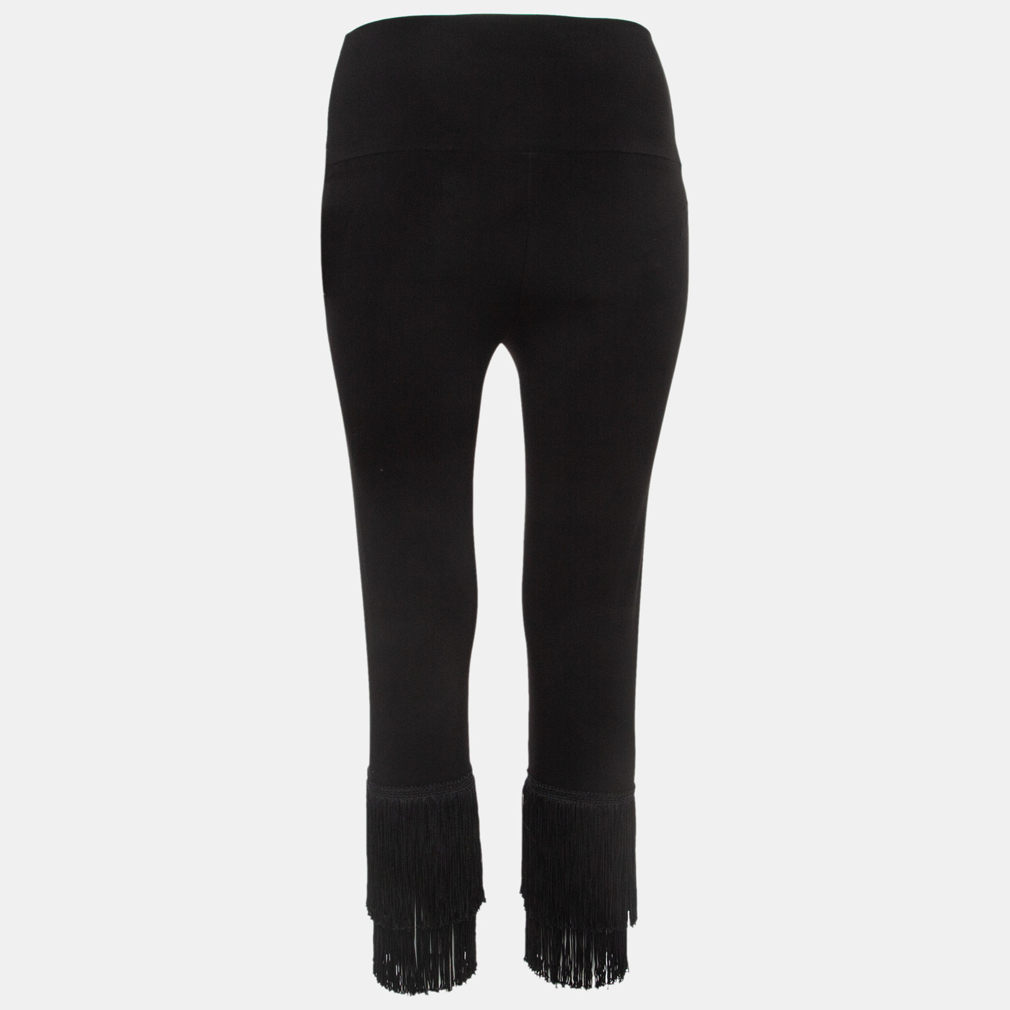 Norma Kamali Black Stretch Knit Fringed Hem Crop Leggings M