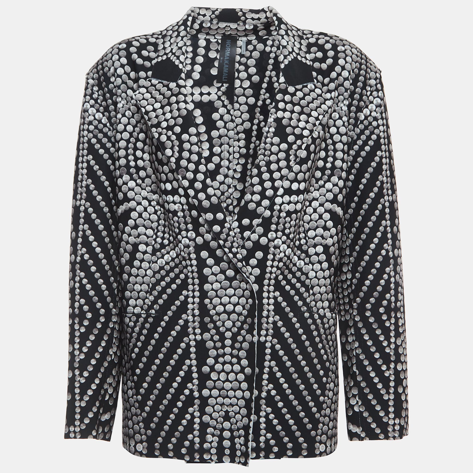 Norma kamali black printed lycra single breasted straight fit jacket m