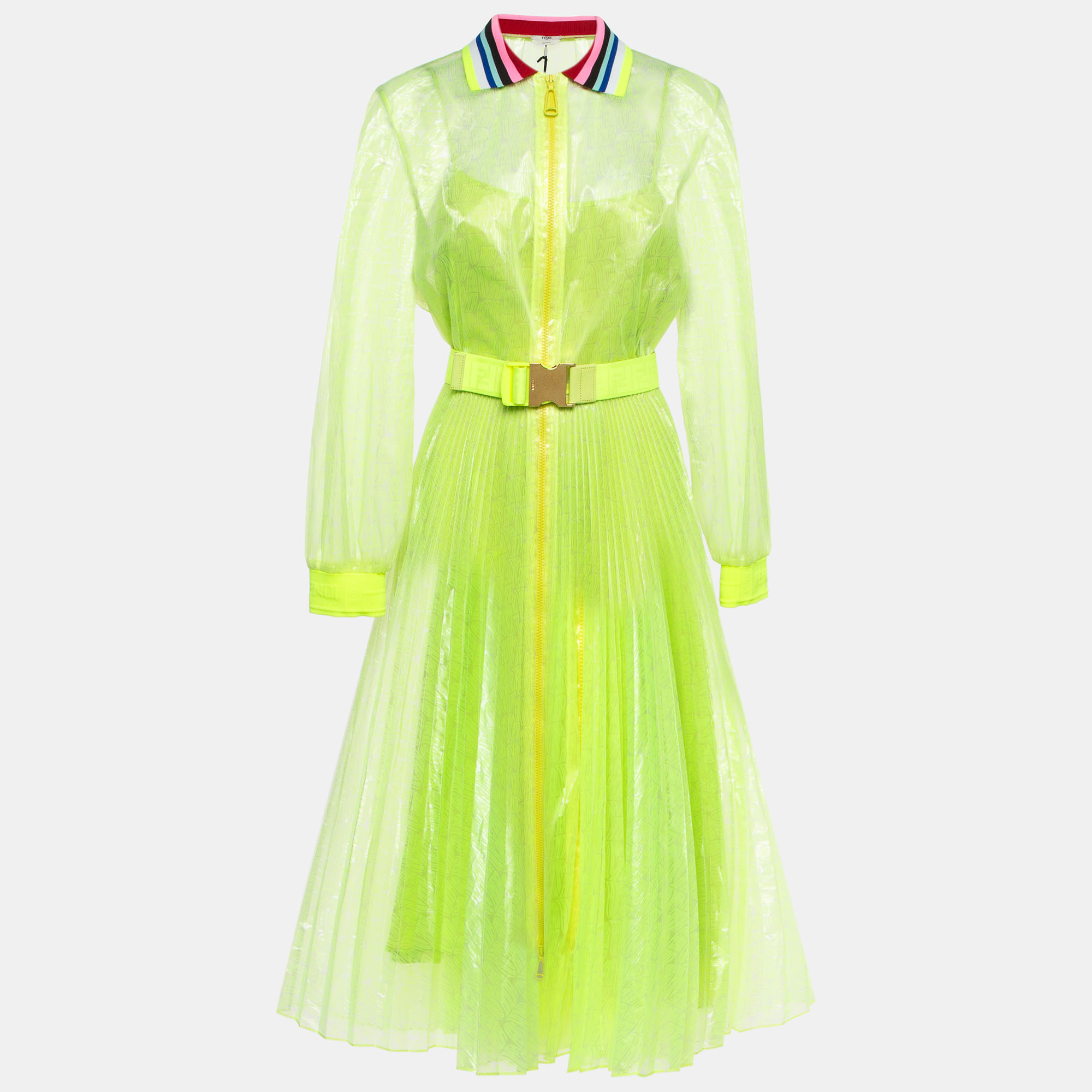 Fendi neon yellow printed synthetic pleated bleated midi dress m