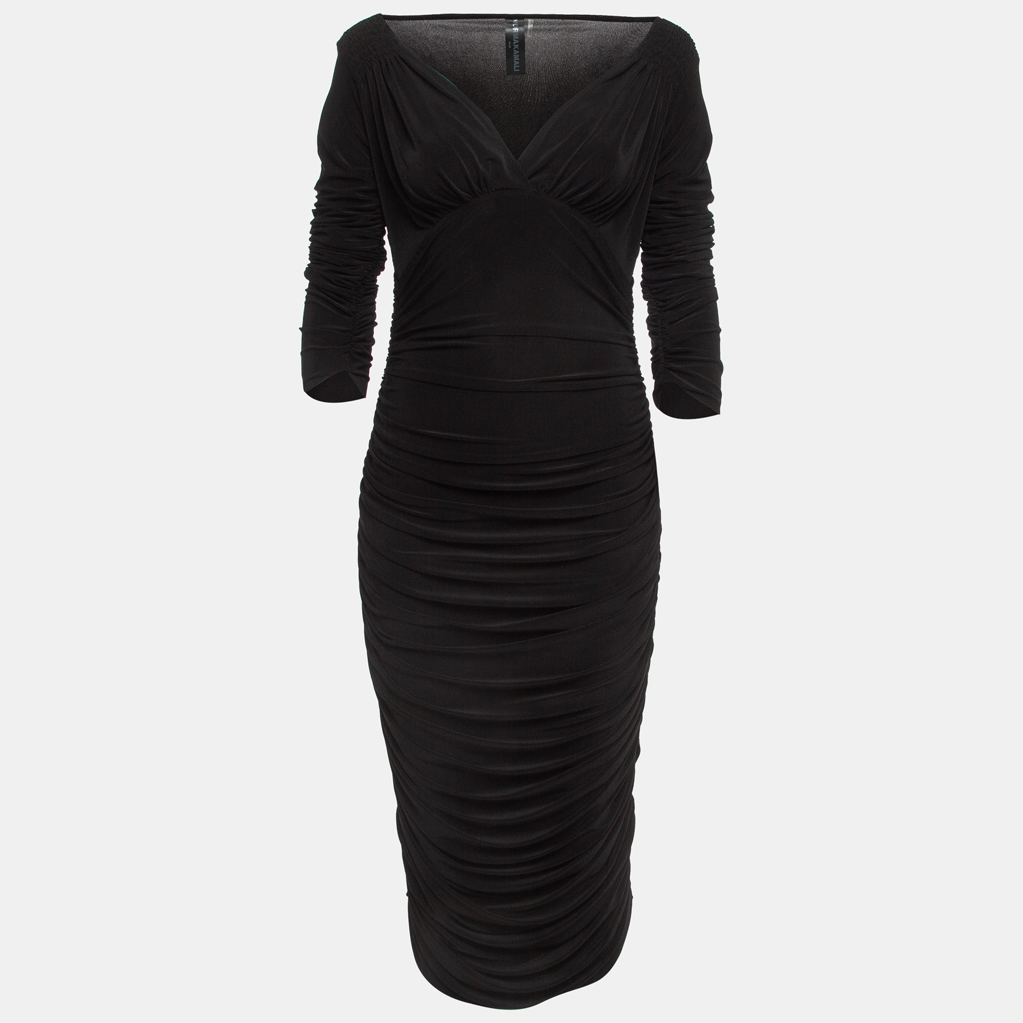 Norma Kamali Black Lycra Shirred Side Detail Tara Midi Dress M