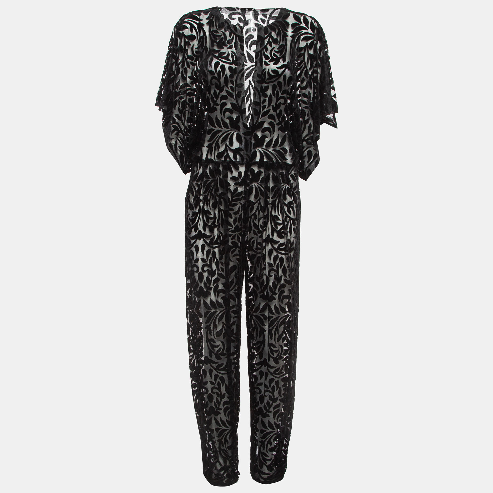 Norma Kamali Black Textured Semi-Sheer Lace Rectangle Jog Jumpsuit L