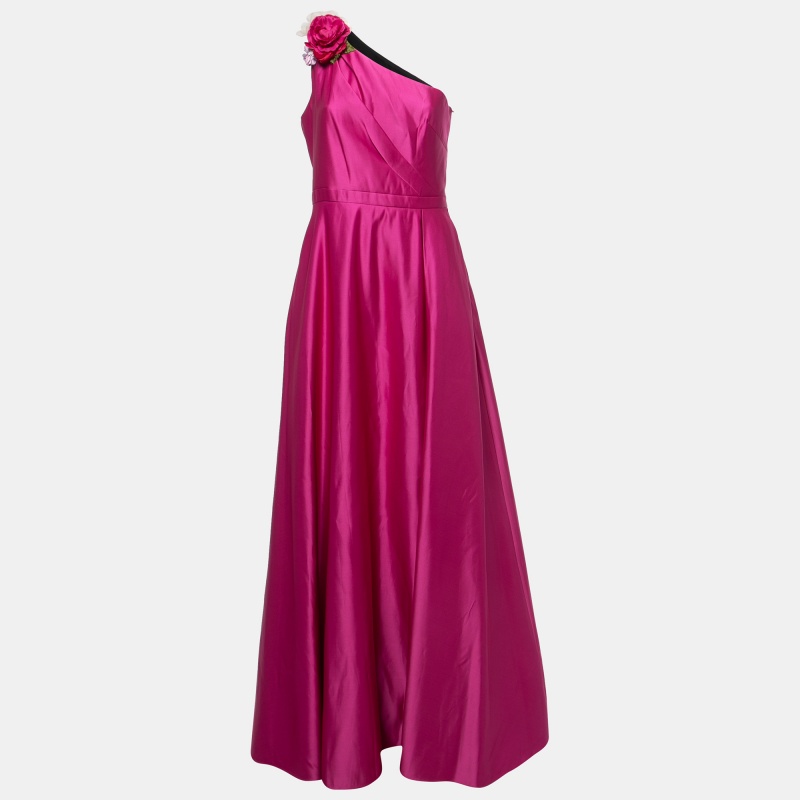 Notte By Marchesa Pink Duchess Satin Floral Applique One Shoulder Gown M