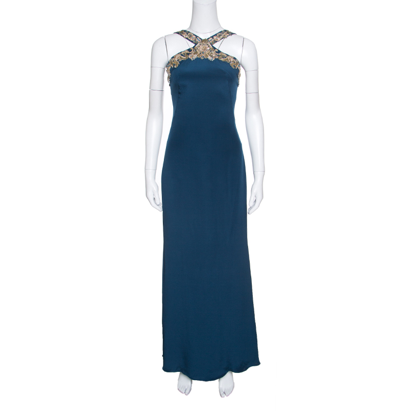 Image of Notte by Marchesa Peacock Blue Embellished Silk Maxi Dress S