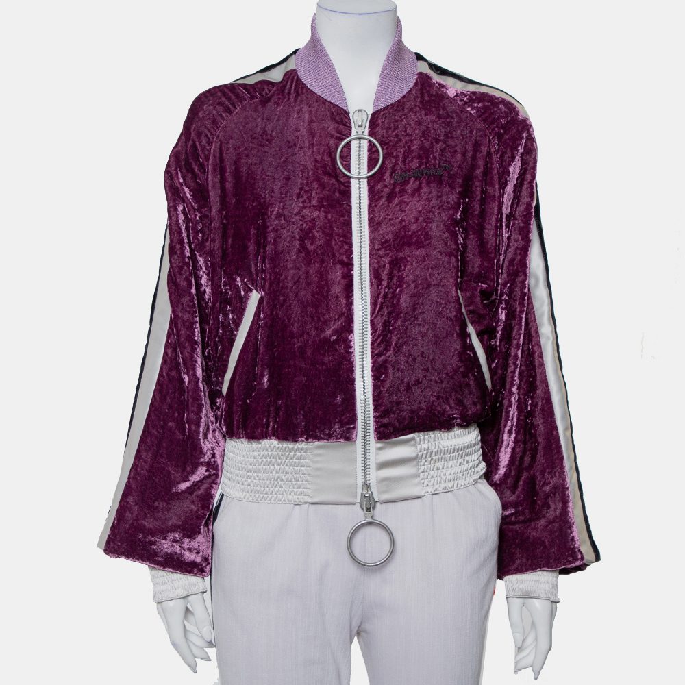 Off-white purple crushed velvet zipper front bomber jacket m