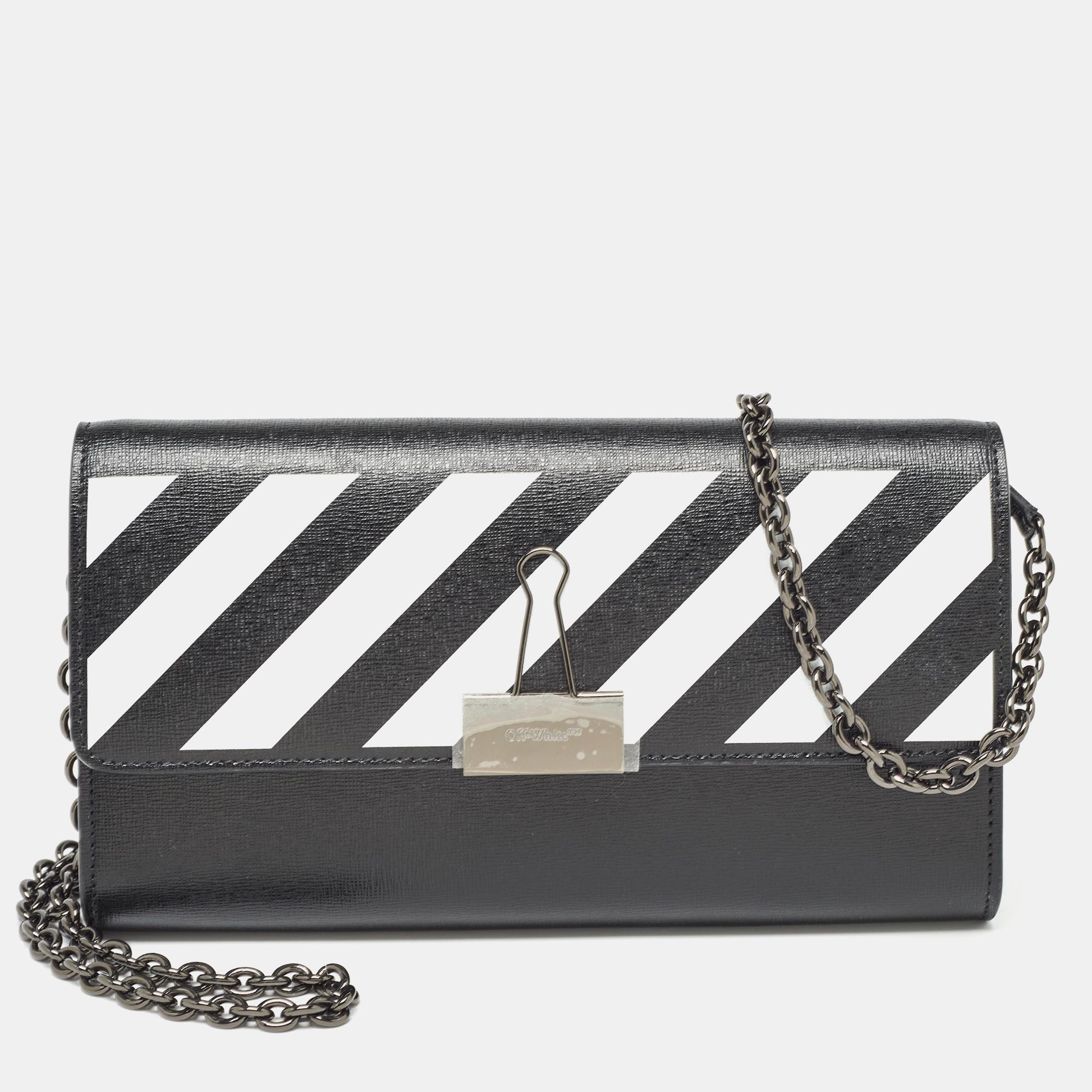 Off-white black/white diagonal print leather binder clip wallet on chain