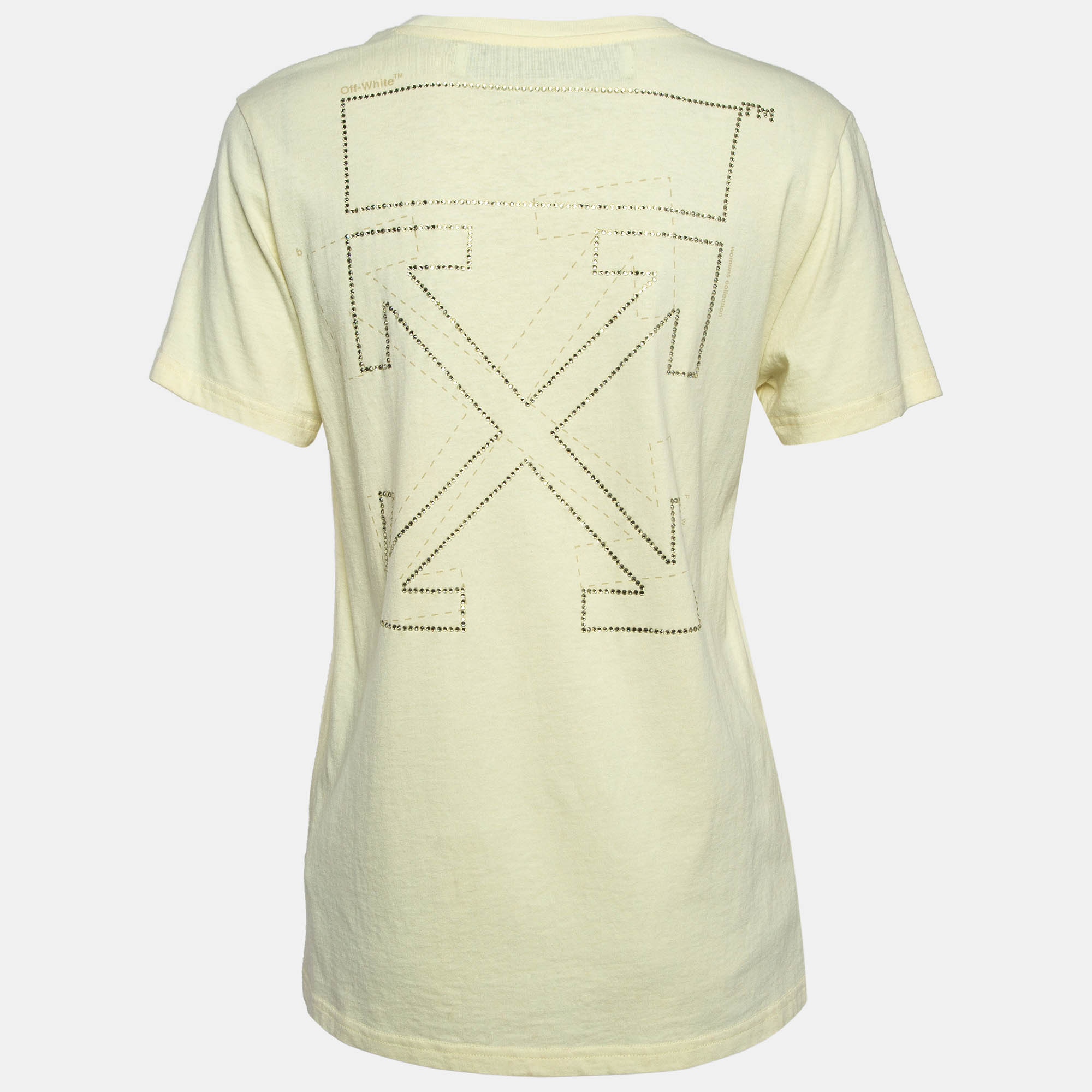 Off-White Yellow Cotton Crystal Logo Embellished T-Shirt S