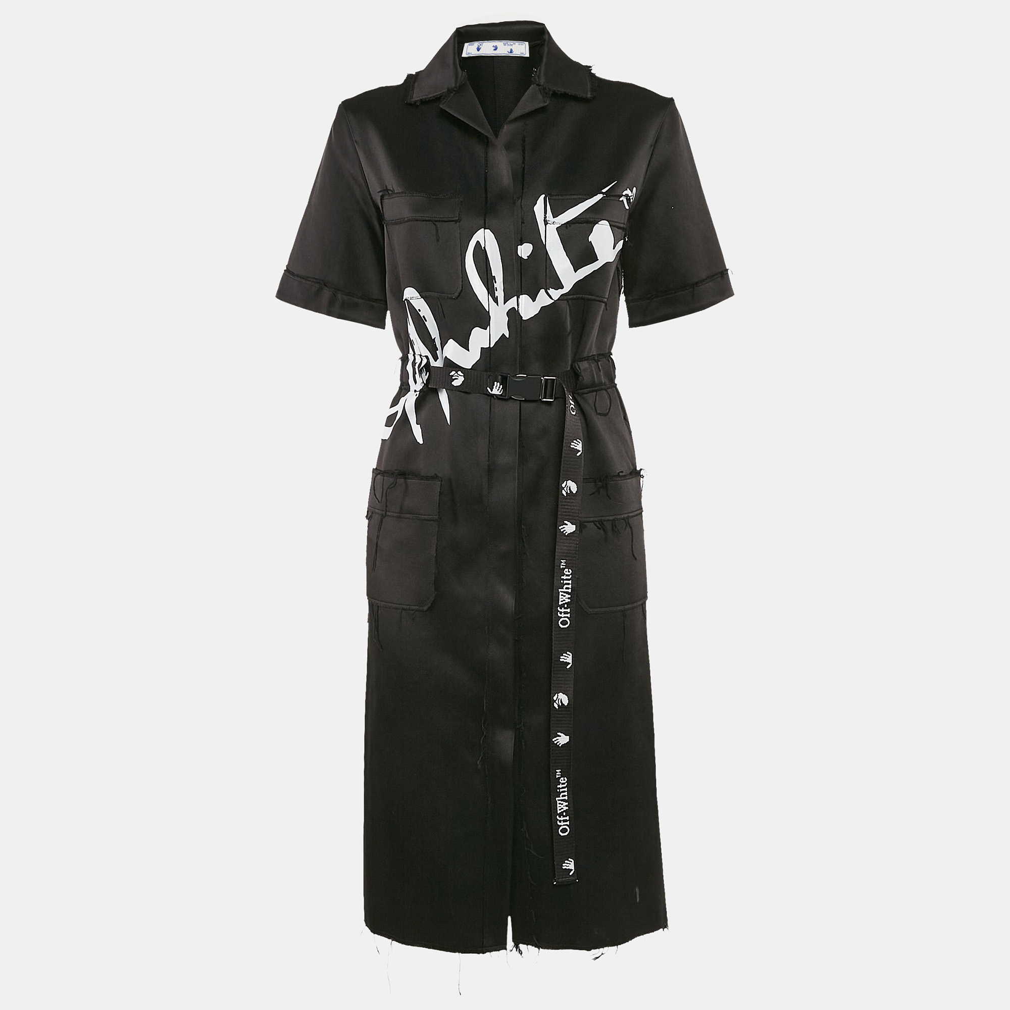 Off-White Black Printed Satin Button Front Belted Tokyo Dress XS
