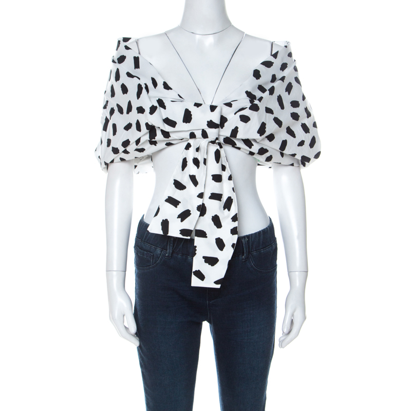 Off-White Monochrome Pois Print Oversize Off The Shoulder Crop Top M