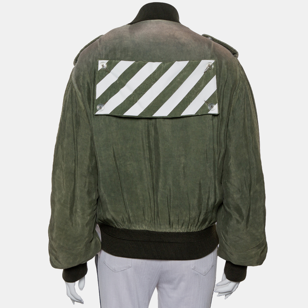 Off-White Green Cupro Washed Out Effect Zipper Front Bomber Jacket M