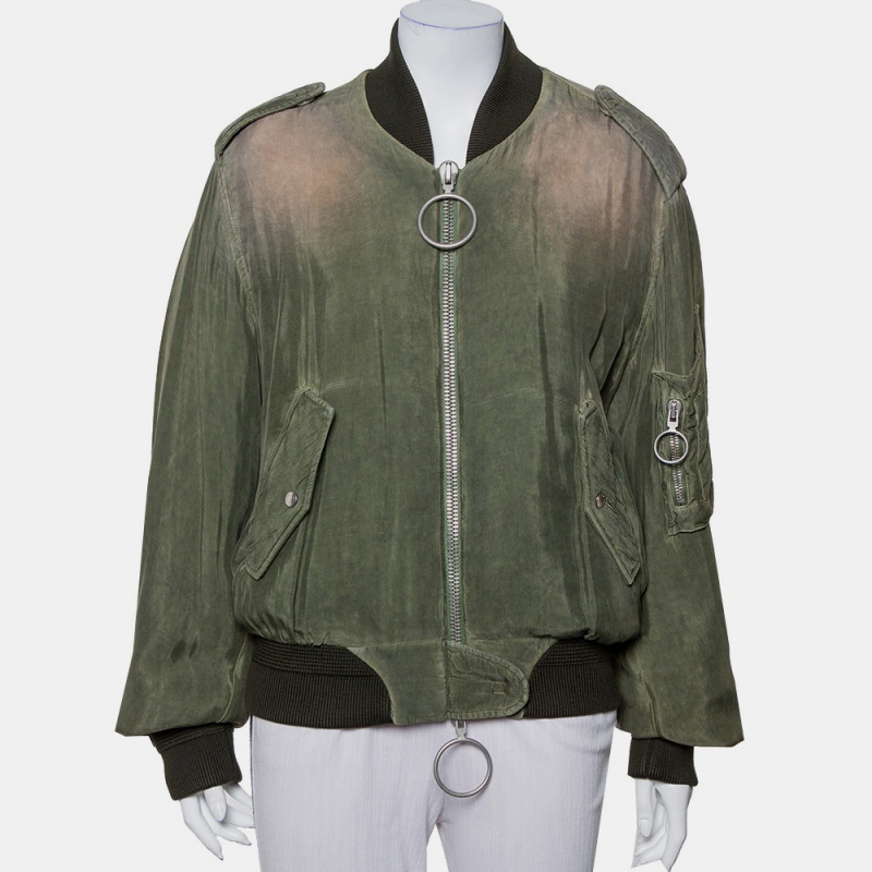 Off-white green cupro washed out effect zipper front bomber jacket m