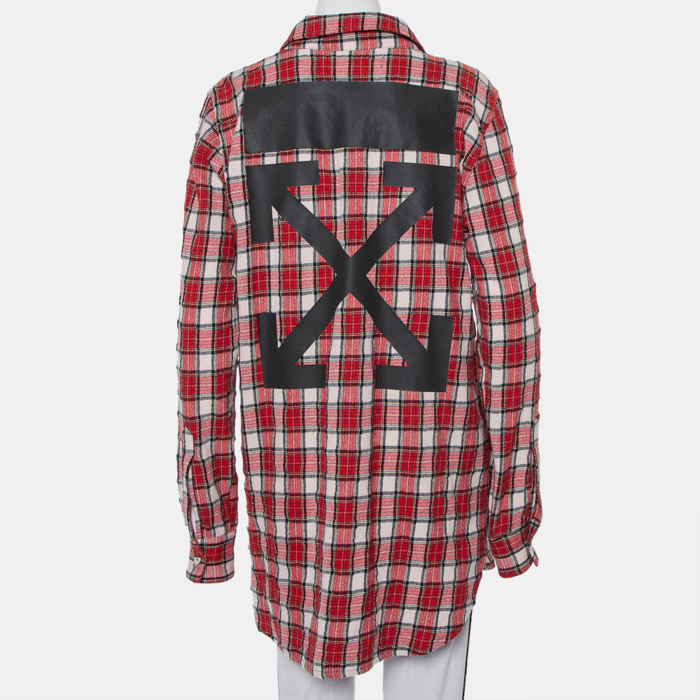 Off-White Red Checkered Wool & Cotton Button Front Oversized Long Shirt M