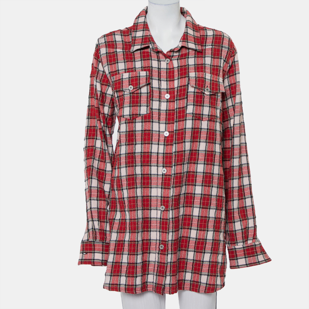 Off-white red checkered wool & cotton button front oversized long shirt m