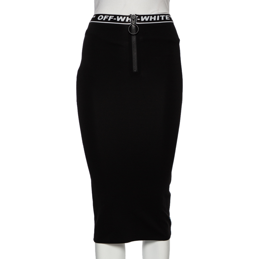 Off-White Black Perforated Lycra Logo Trimmed Midi Skirt XS (IT 36)