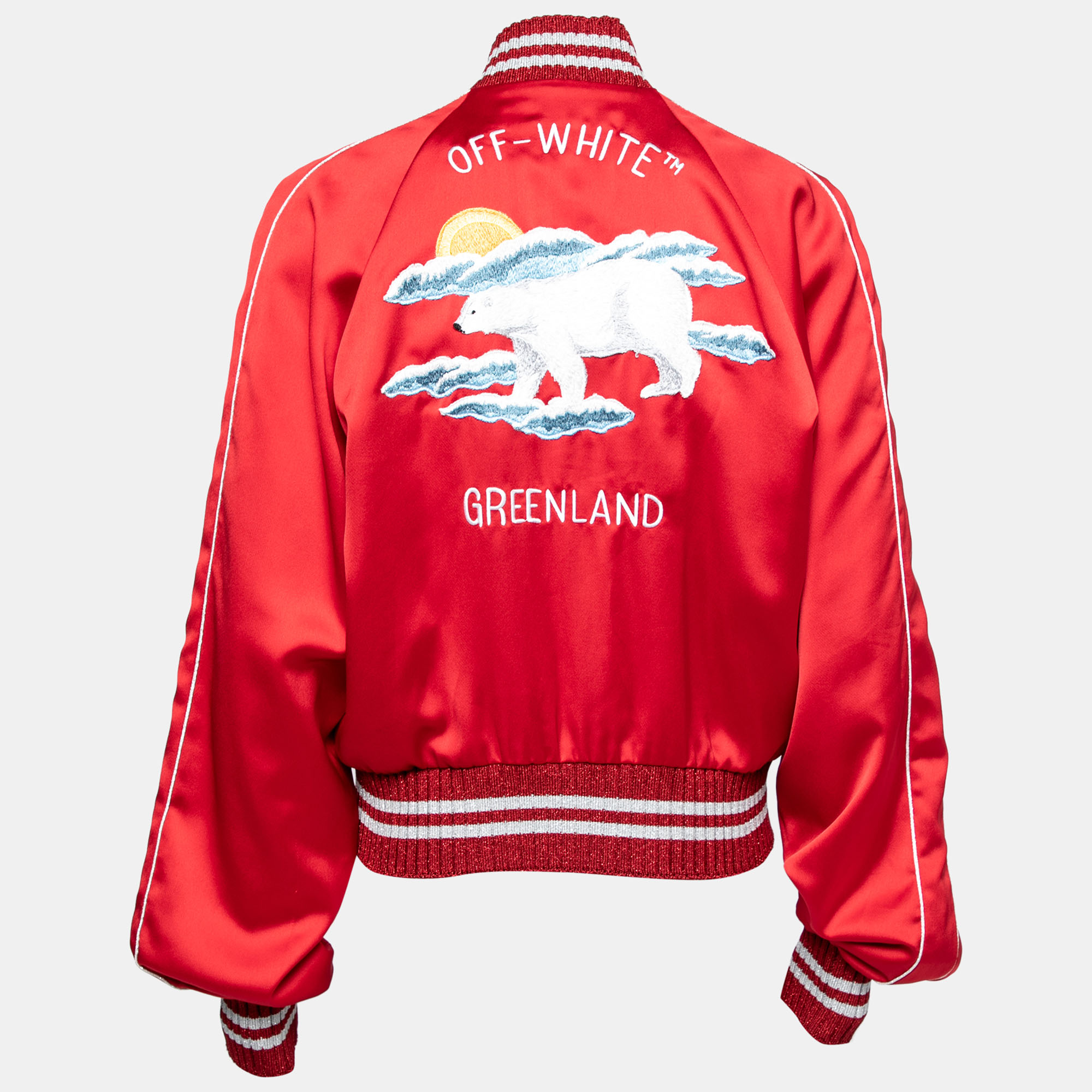 Off-White Red Satin Rib Knit Trimmed Greenland Bomber Jacket M