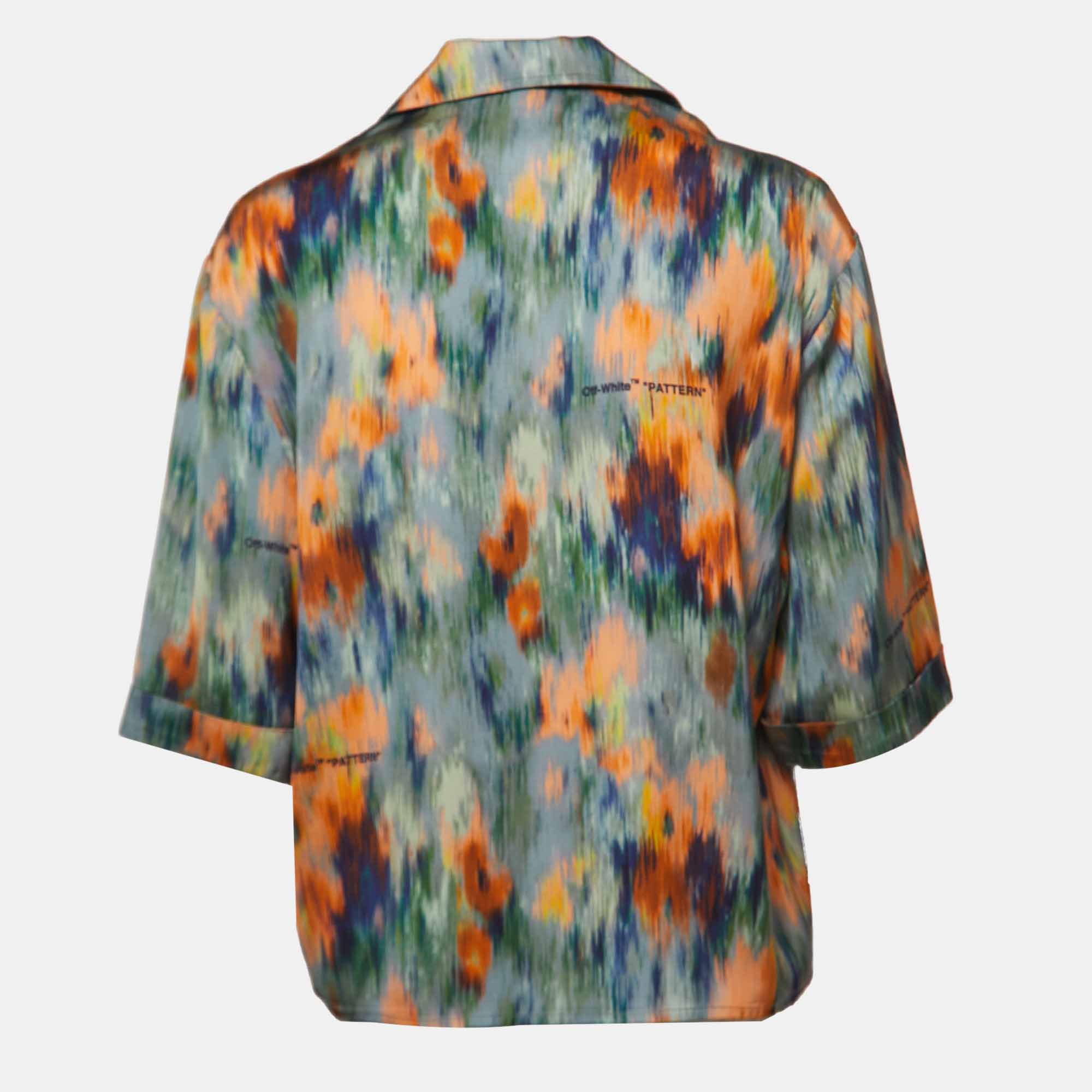 Off-White Multicolor Romantic Print Satin Bowling Shirt S