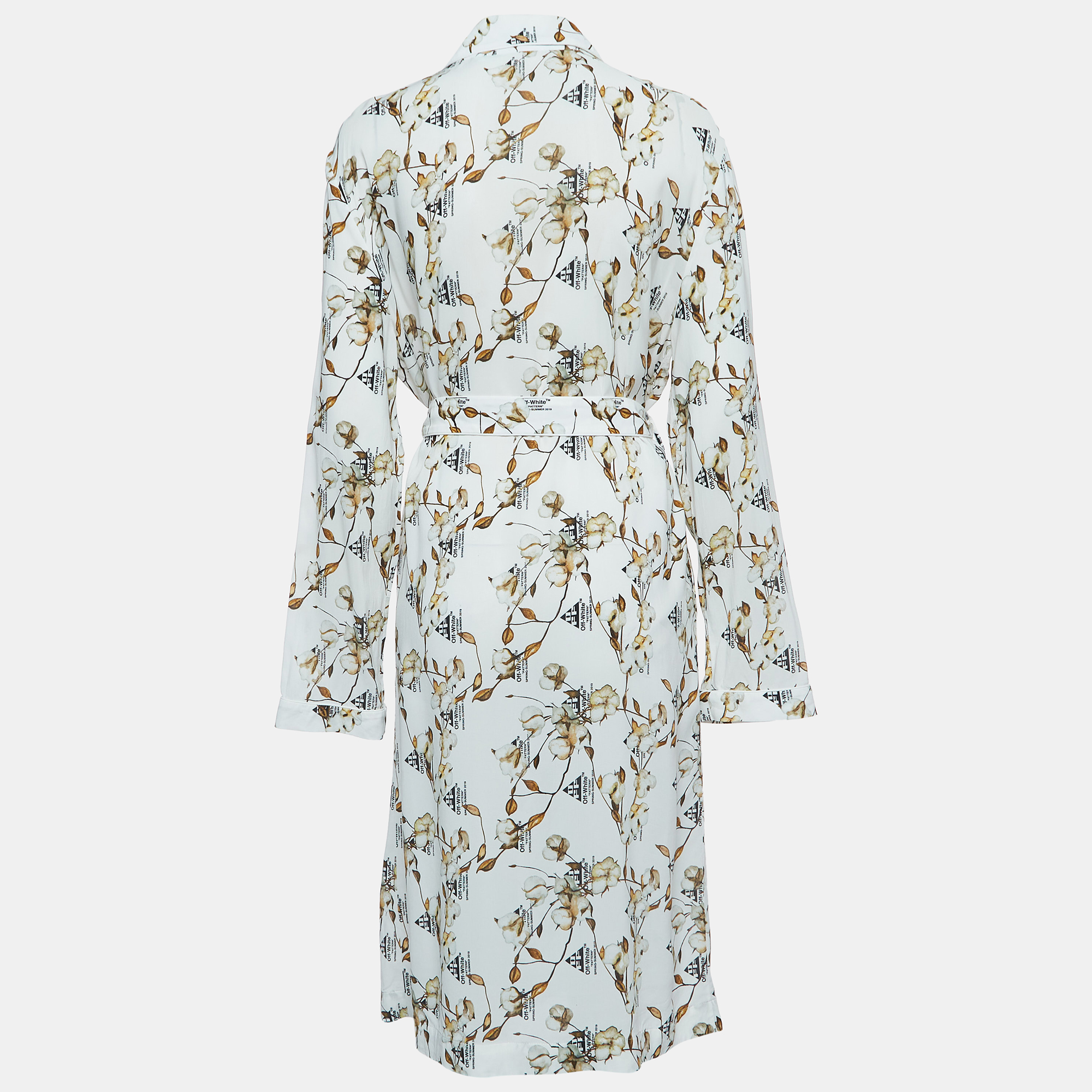 Off-White White Floral Logo Print Crepe Belted Midi Shirt Dress M