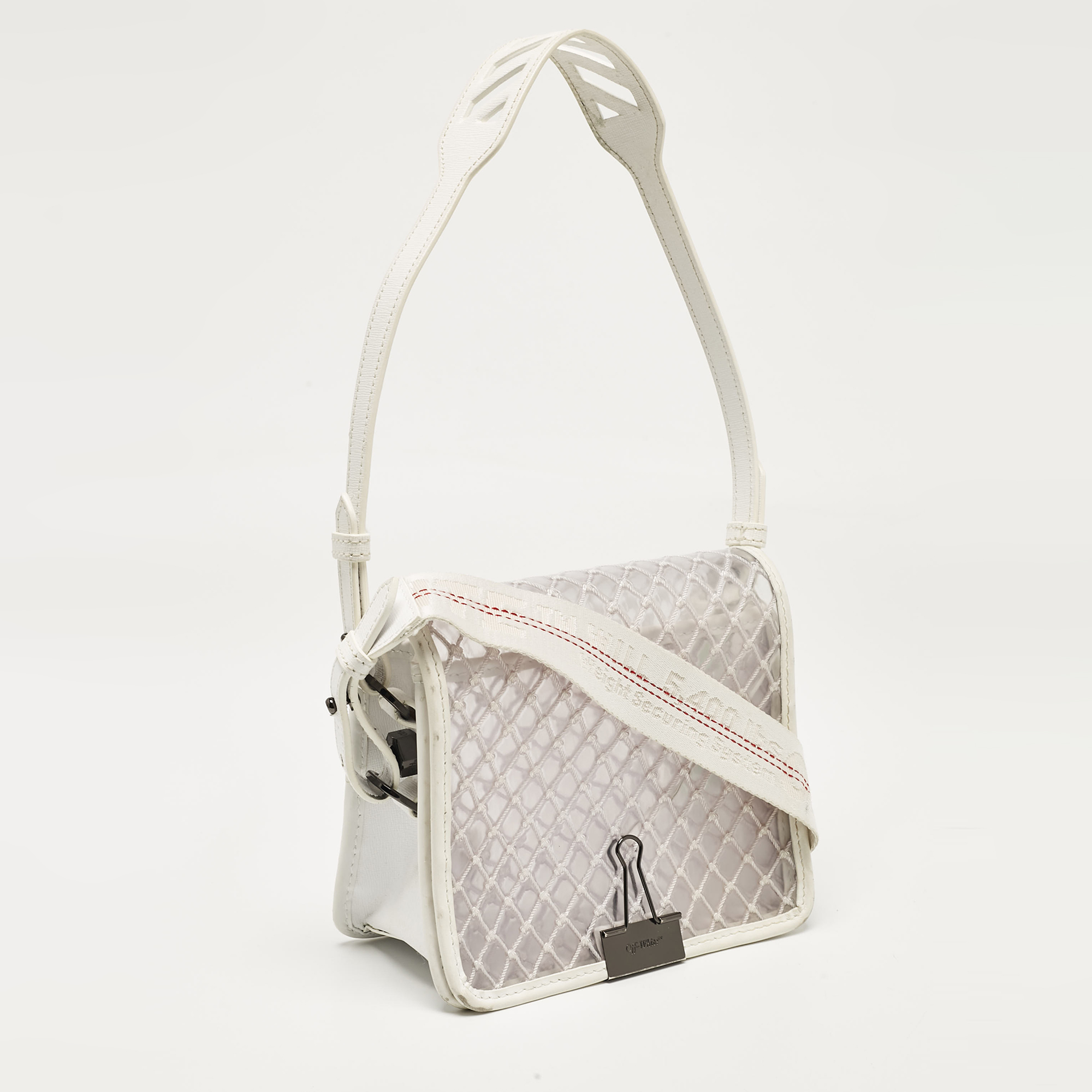 Off-White White/Clear PVC Net Binder Clip Crossbody Bag