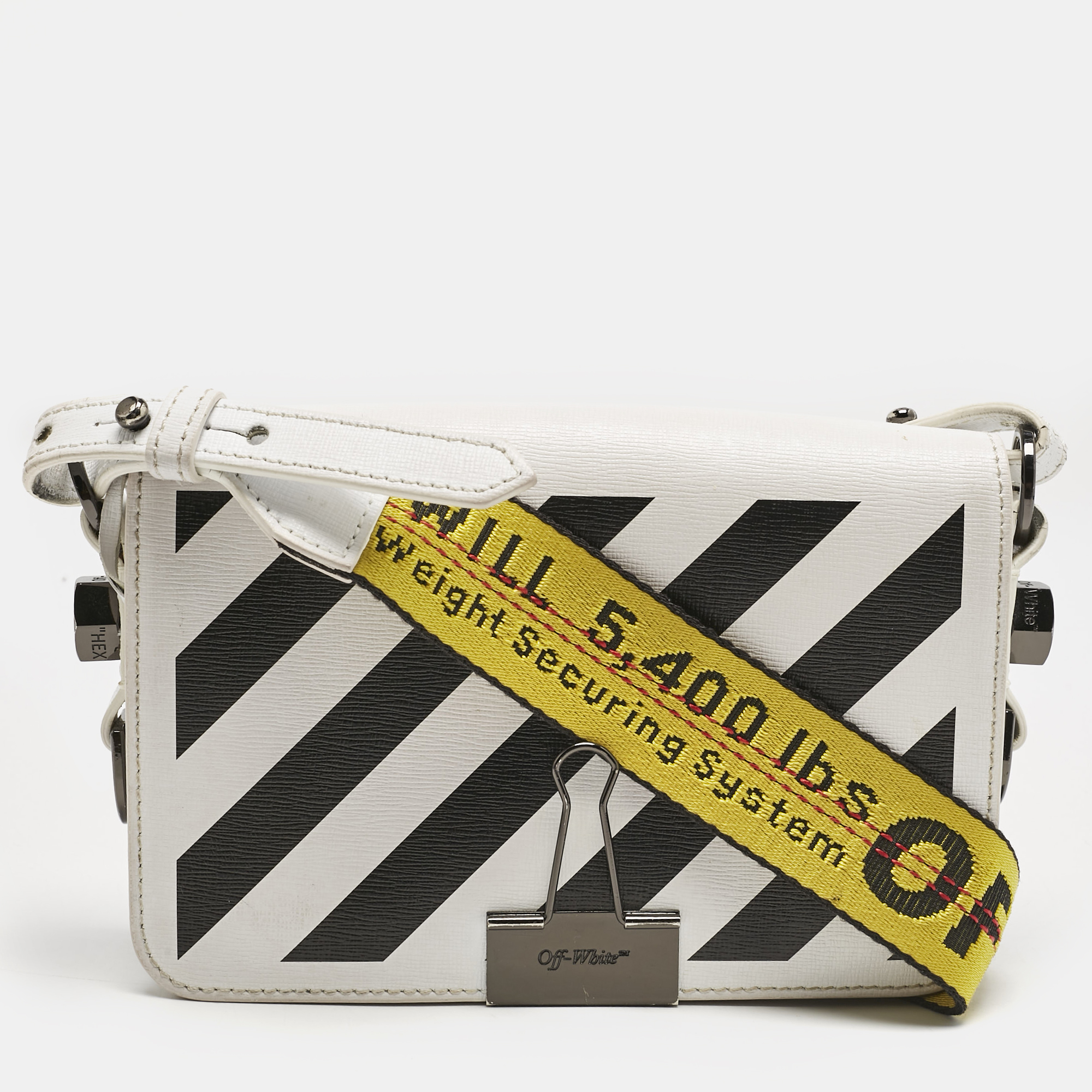 Off-White White/Black Diagonal Print Leather Mini Binder Clip Crossbody Bag
Off-White White/Black Diagonal Print Leather Mini Binder Clip Crossbody Bag