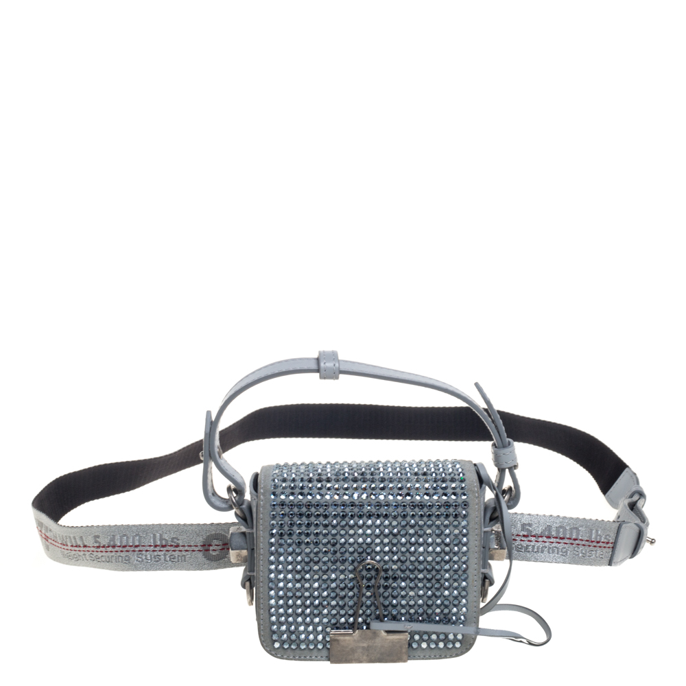 Off-White Ash Blue Crystal Embellishment Leather and Suede Baby Binder Flap Bag