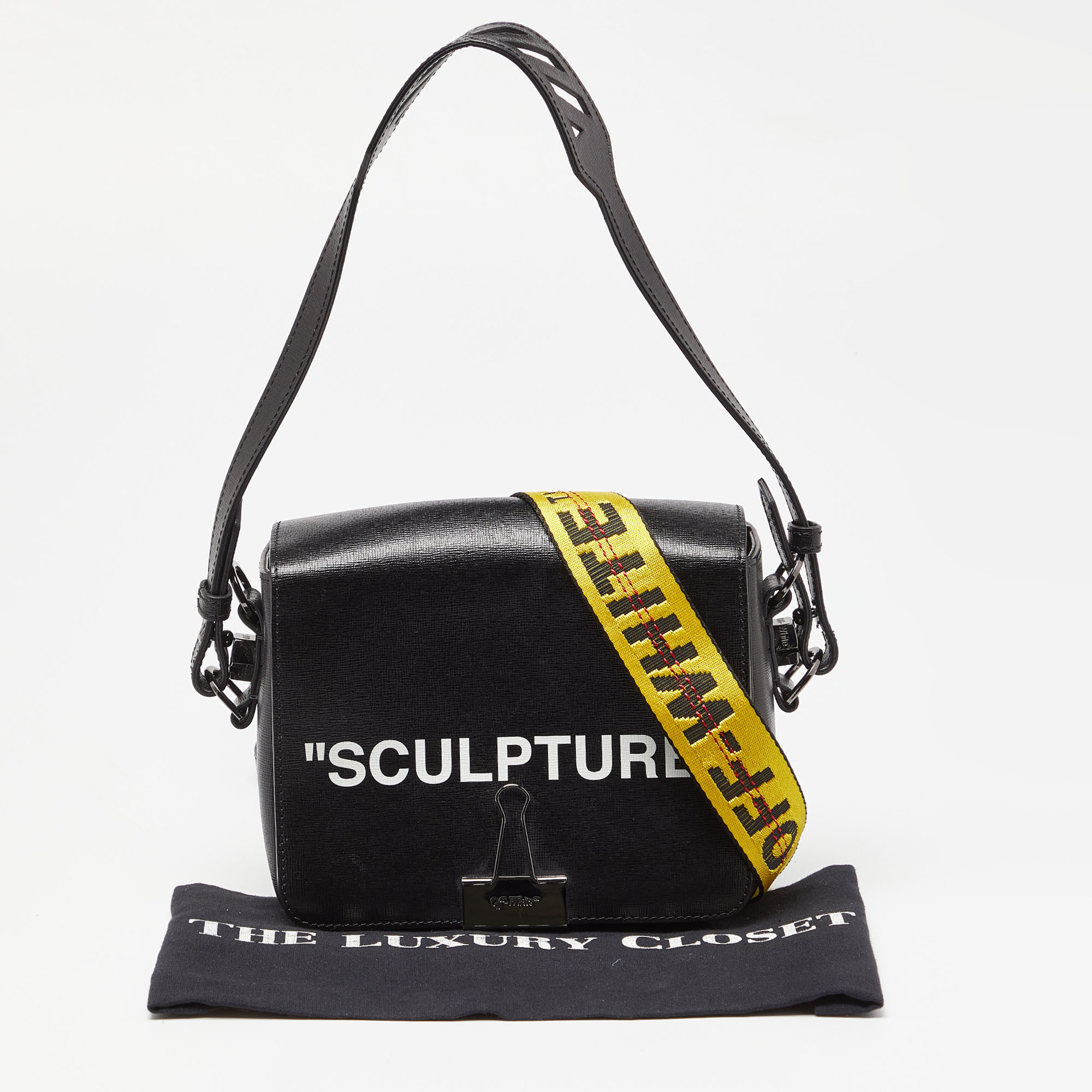 Off-White Black Leather Binder Clip Crossbody Bag