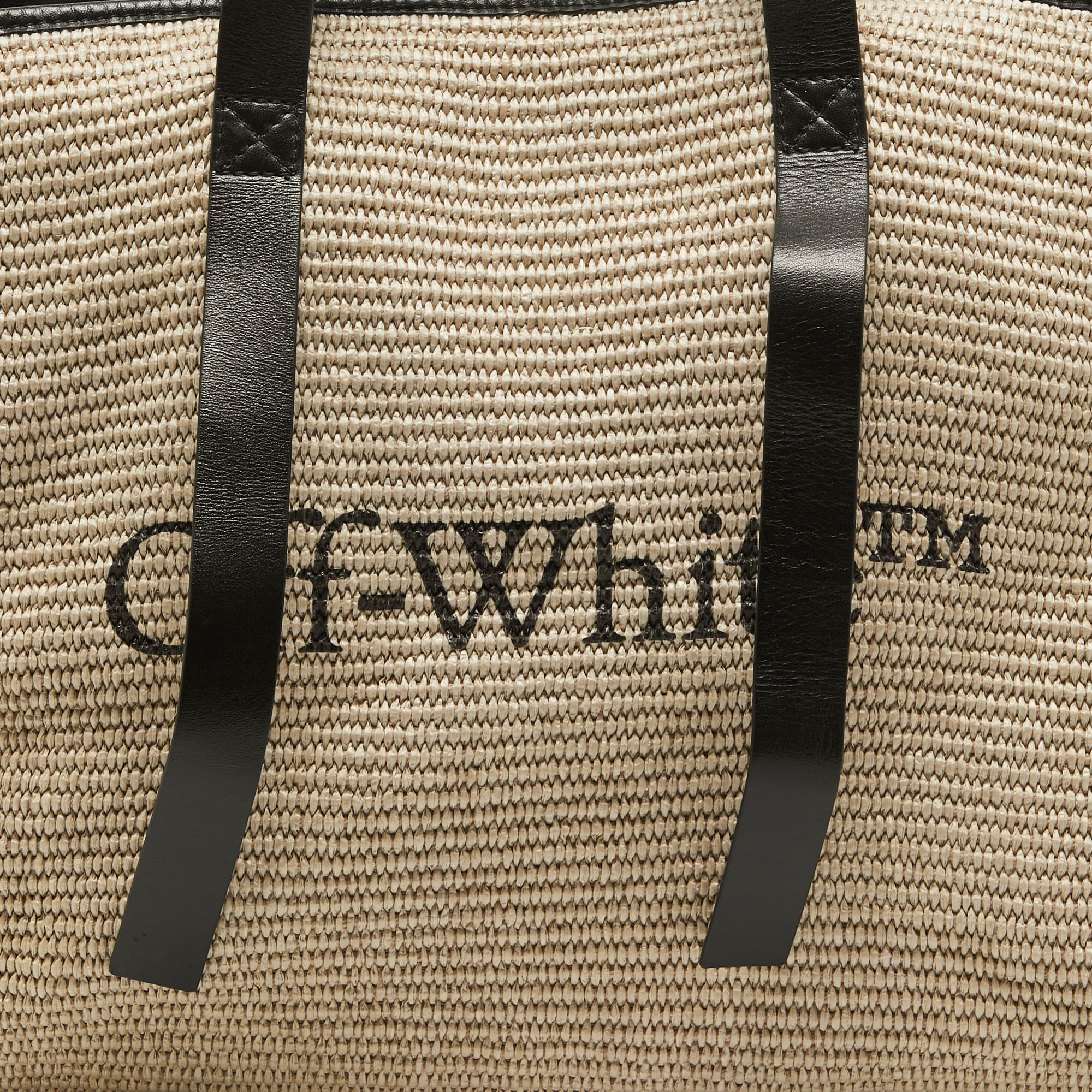 Off-White Beige/Black Straw And Leather Logo Print Commercial Tote