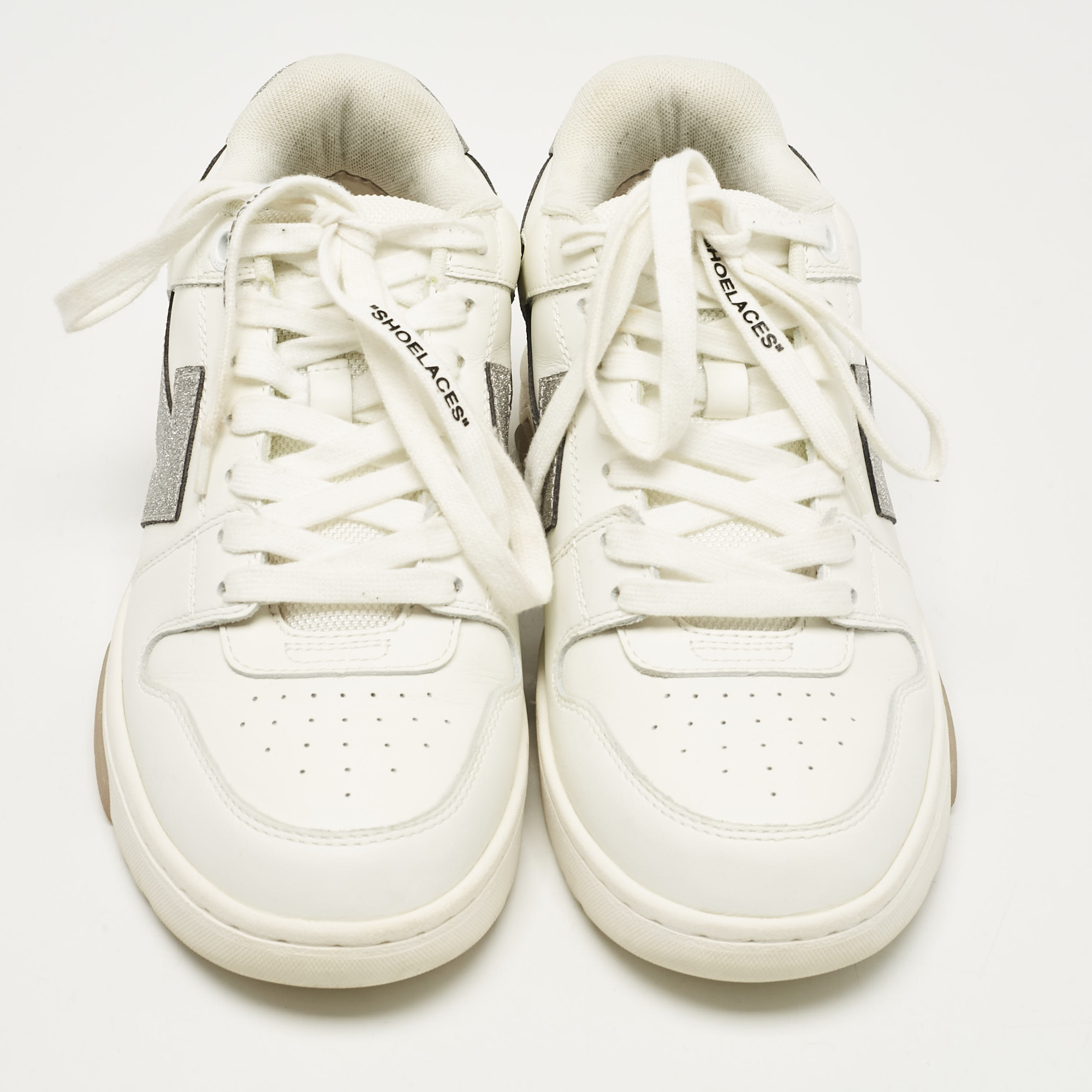 Off-White White Glitter Leather Out Of Office Lace Up Sneakers Size 39