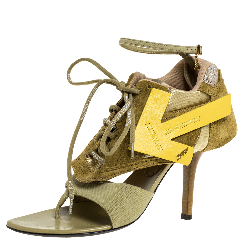 Image of Off White Green Leather and Fabric Virgil Abloh Heeled Runner Suede Sandals Size