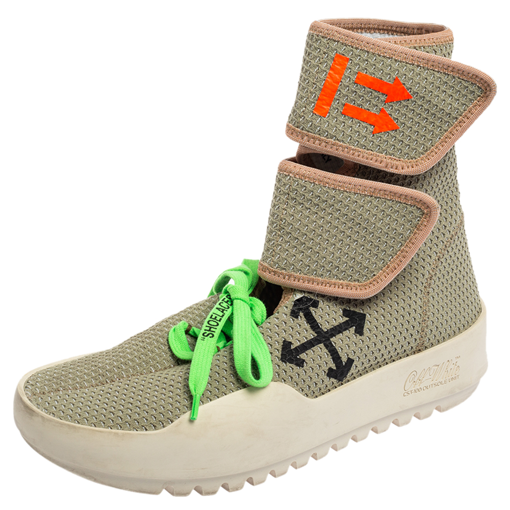 Off-white green knit fabric moto wrap sneakers size 38