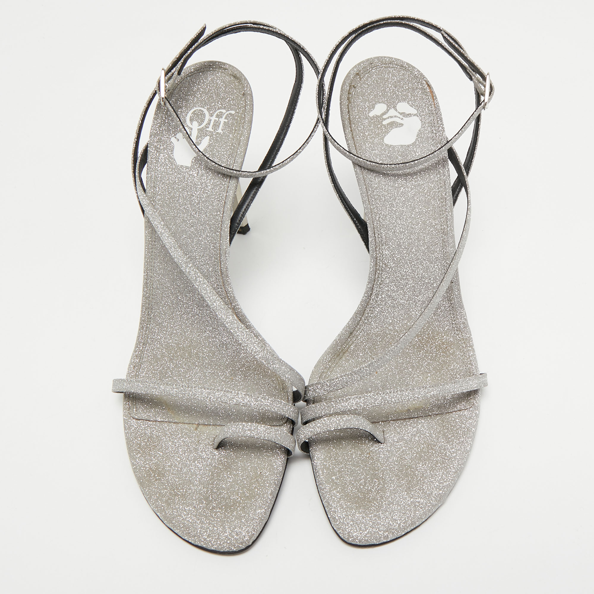 Off-White Metallic Grey Glitter Allen Ankle Strap Sandals Size 40