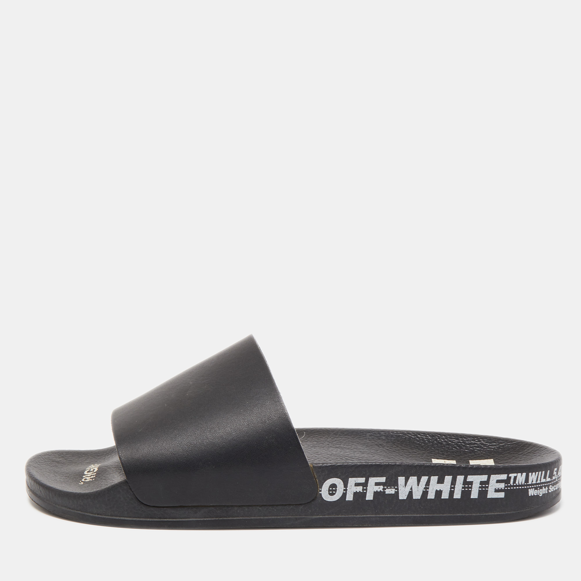 Off-White Black Leather Printed Flat Slides Size 40