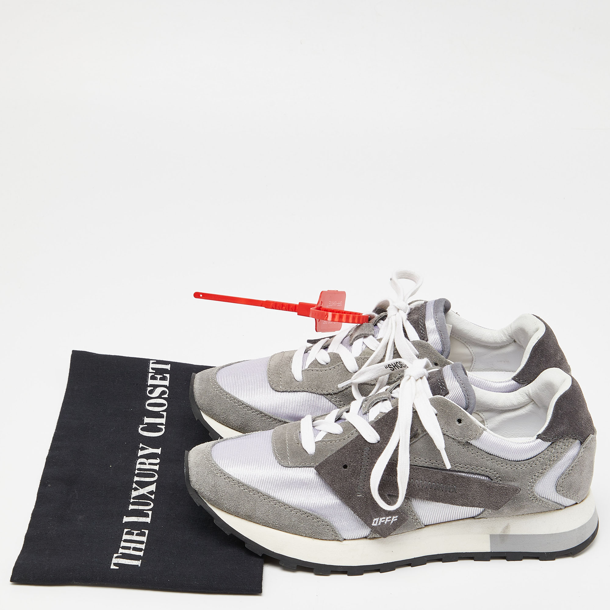 Off-White Grey/Silver Suede And Fabric Low Top Sneakers Size 39
