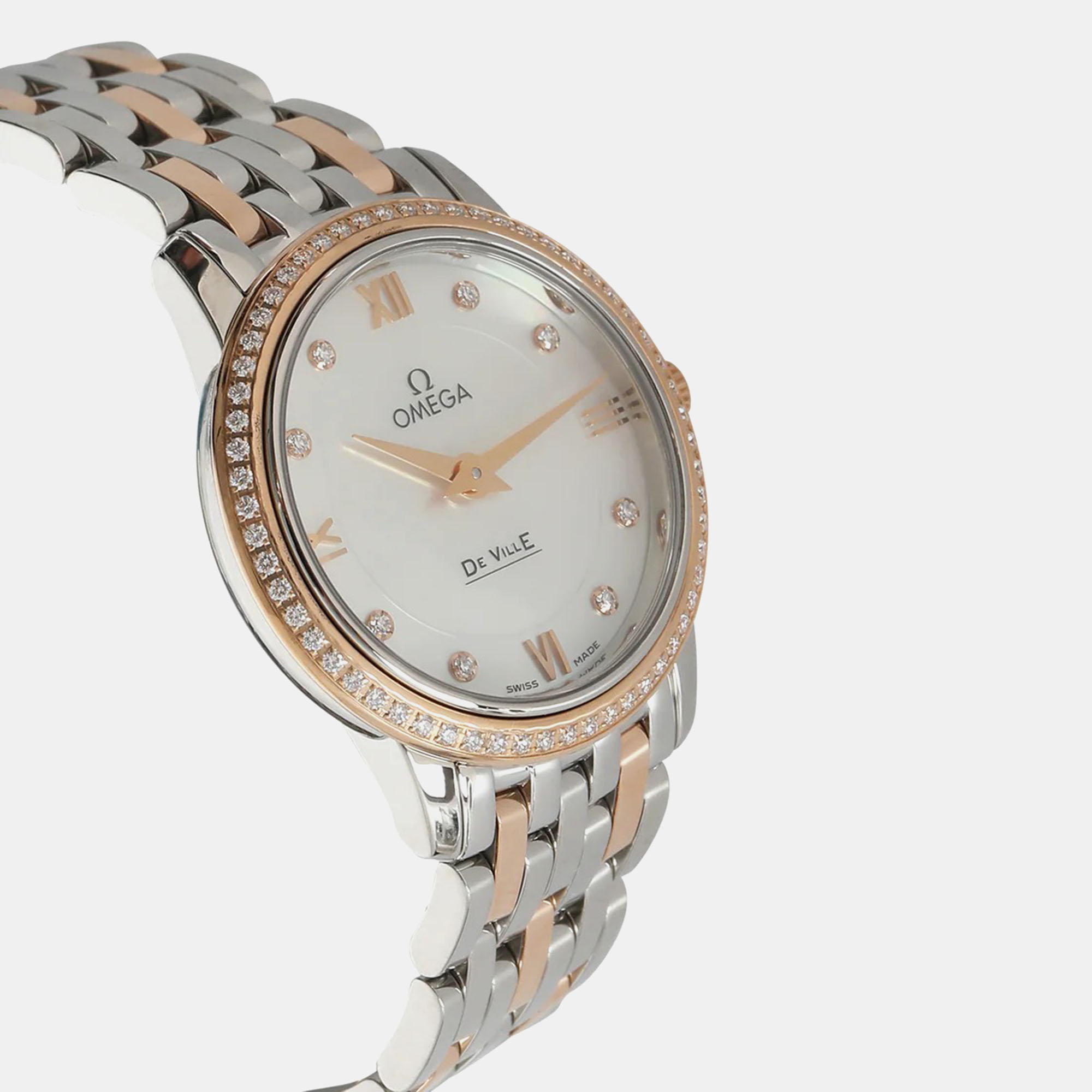 Omega White Mother Of Pearl 18k Rose Gold Stainless Steel De Ville Prestige 424.25.27.60.55.002 Quartz Women's Wristwatch 27 Mm