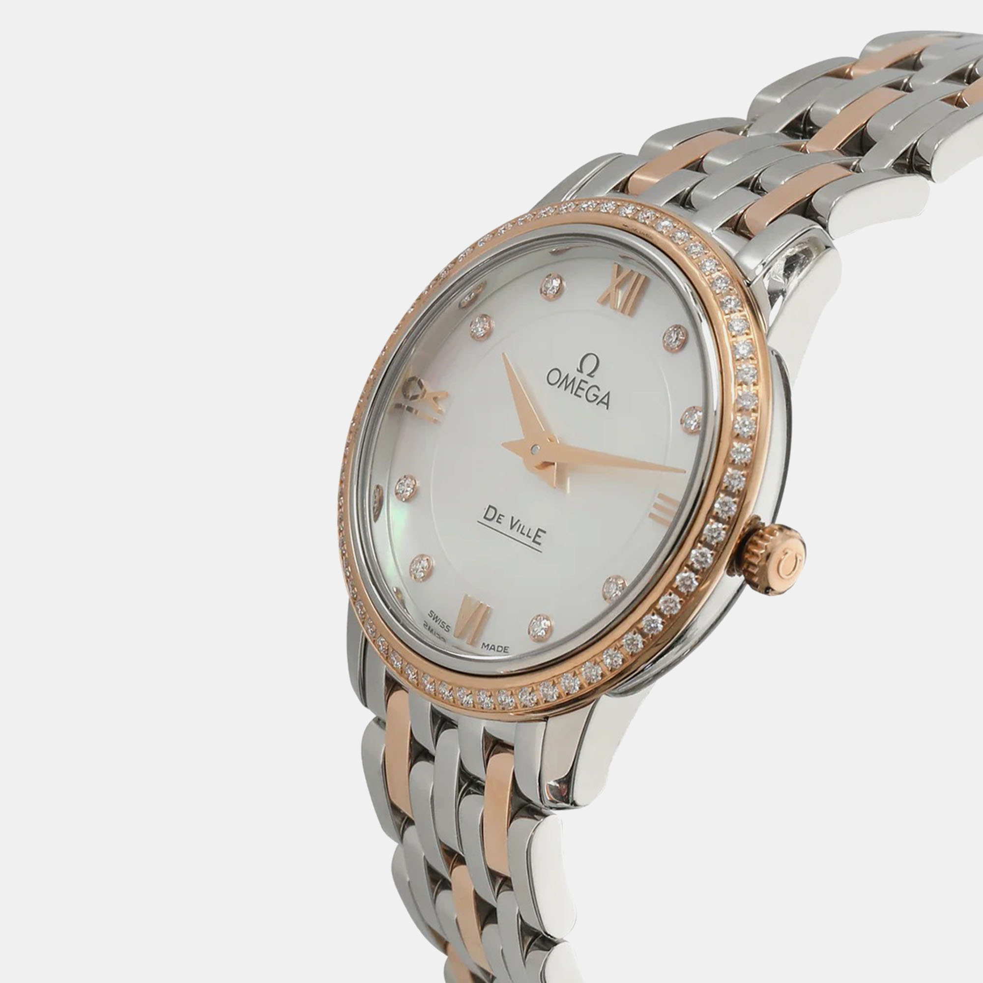 Omega White Mother Of Pearl 18k Rose Gold Stainless Steel De Ville Prestige 424.25.27.60.55.002 Quartz Women's Wristwatch 27 Mm