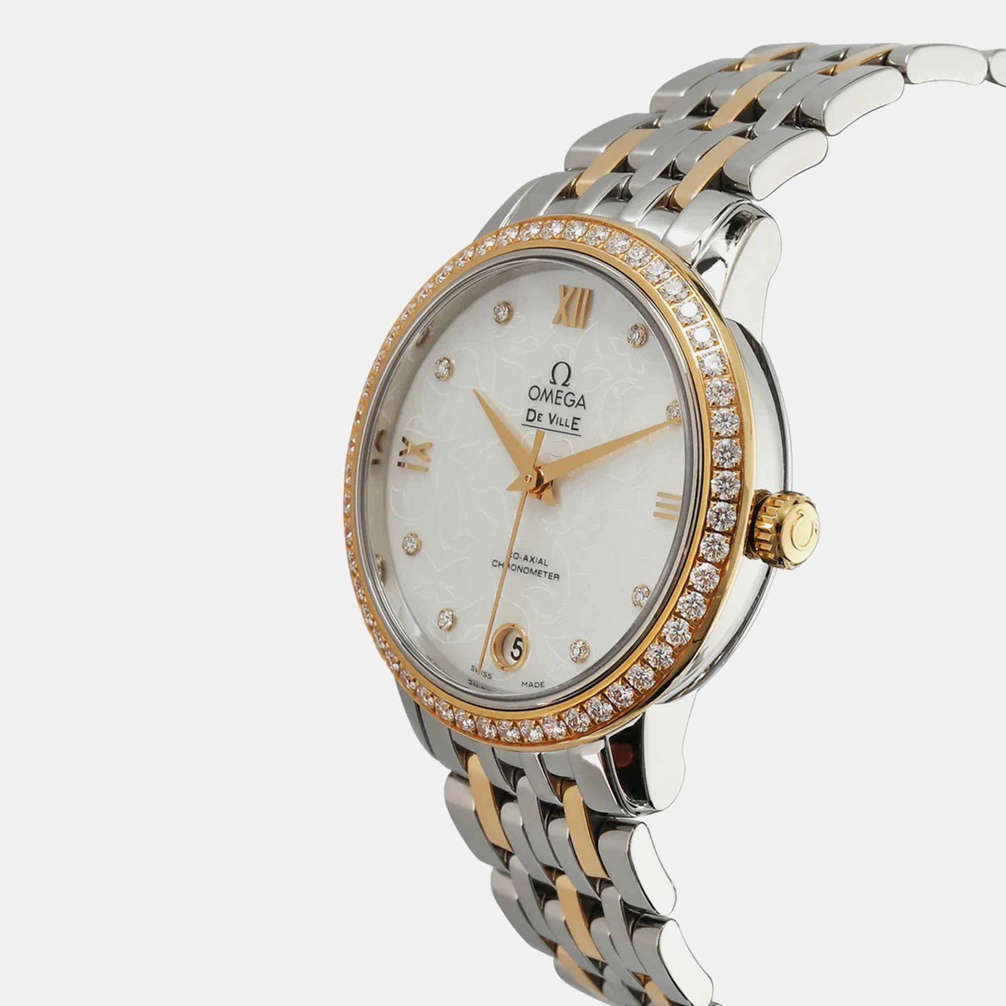 Omega White Mother Of Pearl 18k Yellow Gold Stainless Steel De Ville Prestige 424.25.33.20.55.004 Automatic Women's Wristwatch 33 Mm