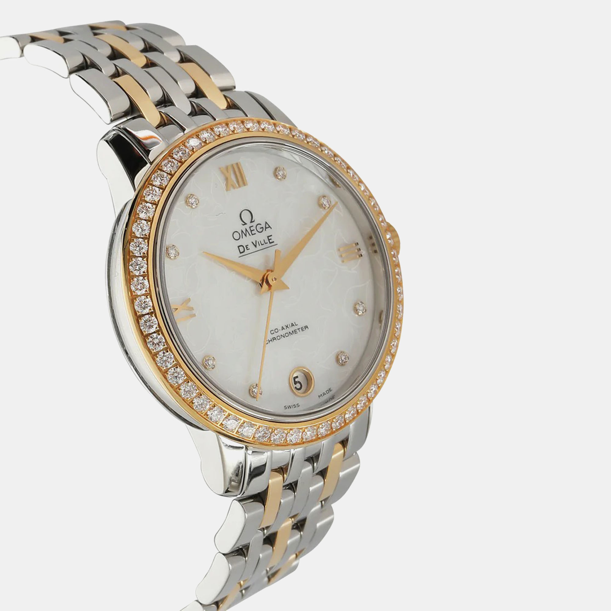 Omega White Mother Of Pearl 18k Yellow Gold Stainless Steel De Ville Prestige 424.25.33.20.55.004 Automatic Women's Wristwatch 33 Mm