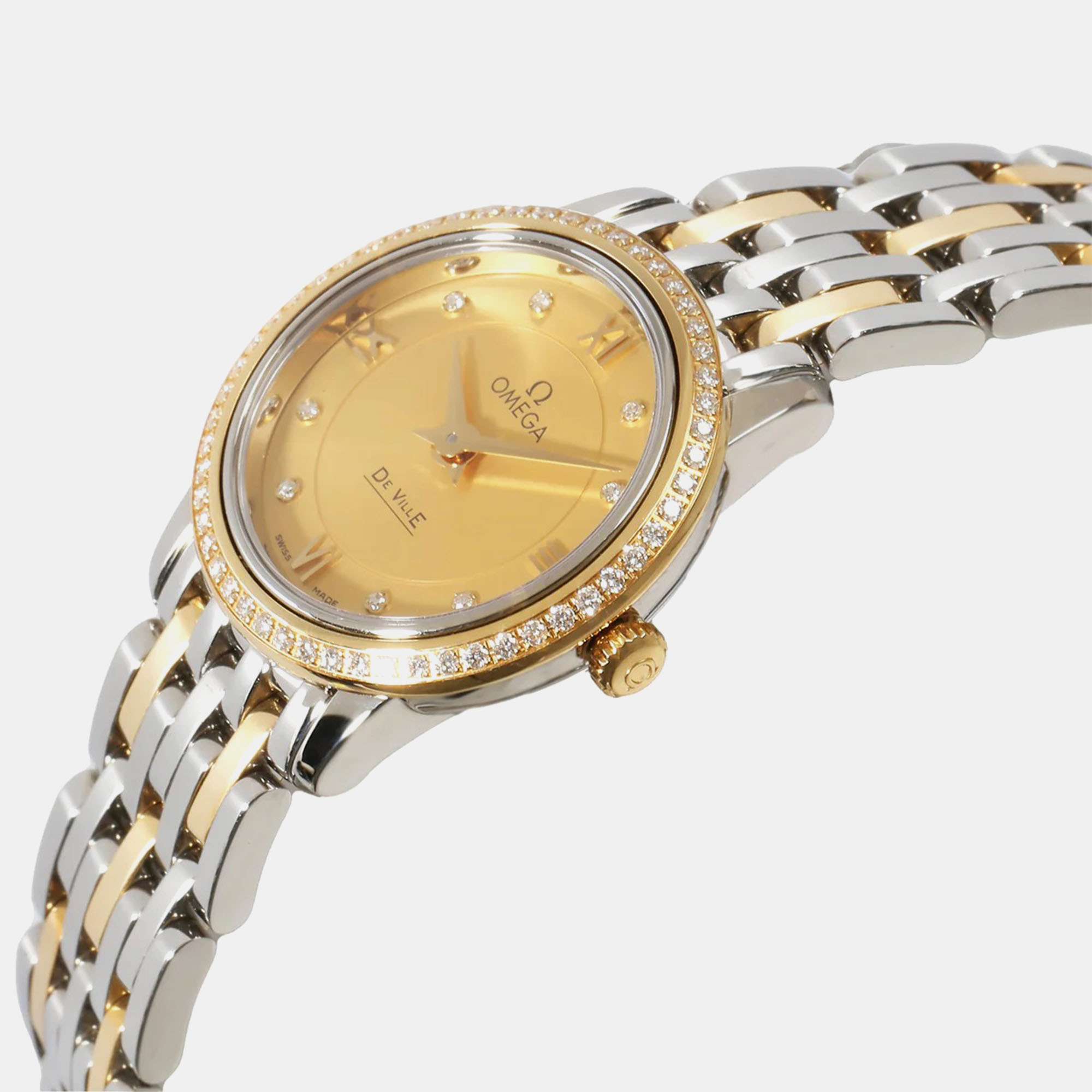 Omega Champagne Diamond 18k Yellow Gold Stainless Steel De Ville Prestige 424.25.24.60.58.001 Automatic Women's Wristwatch 24 Mm