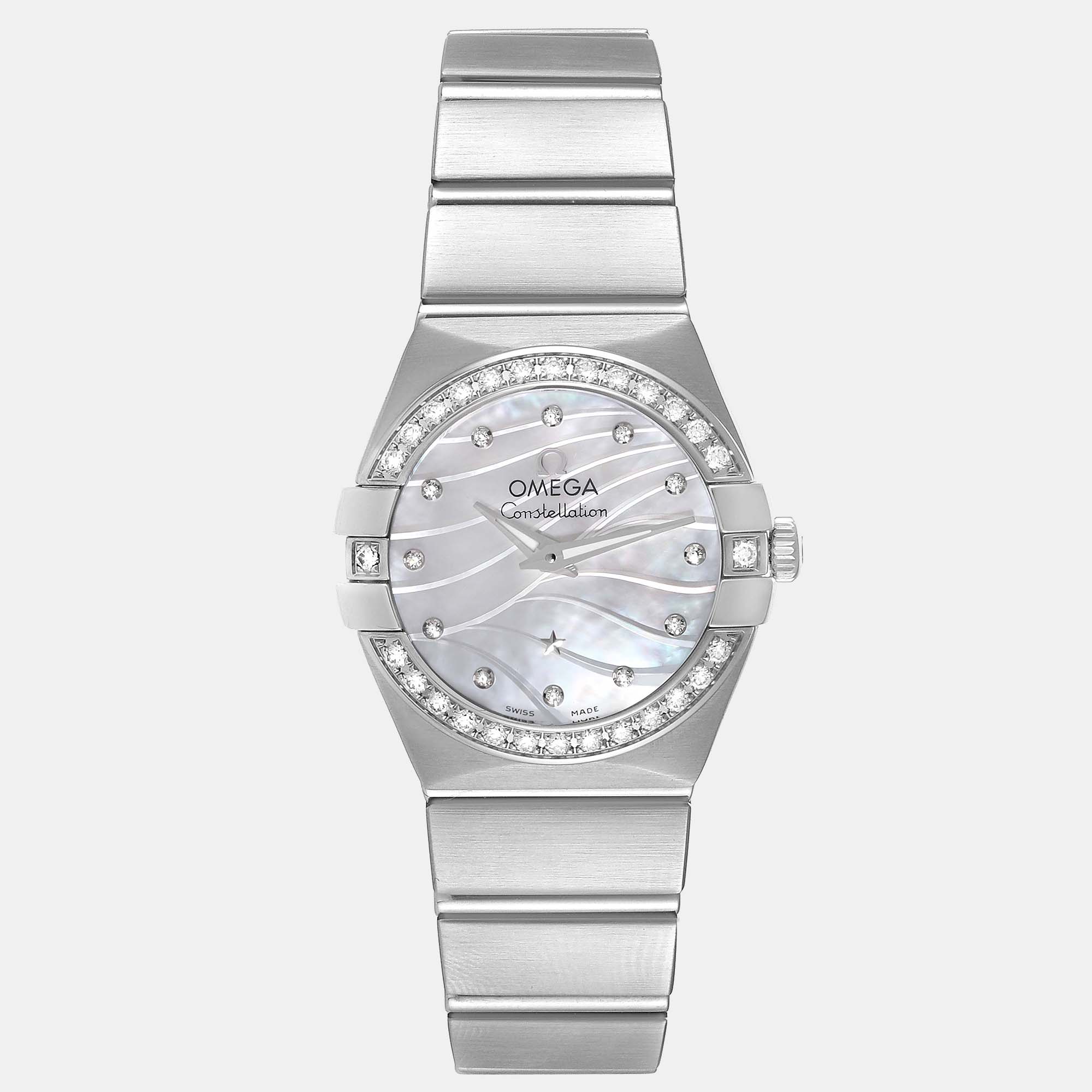 Omega white mother of pearl diamond stainless steel constellation 123.15.24.60.55.006 quartz women's wristwatch 24 mm