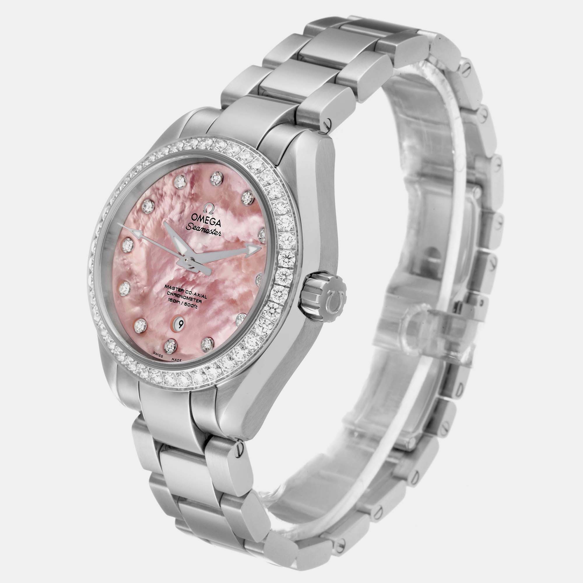 Omega Pink Shell Diamond Stainless Steel Seamaster Aqua Terra 231.15.34.20.57.003 Automatic Women's Wristwatch 34 Mm
