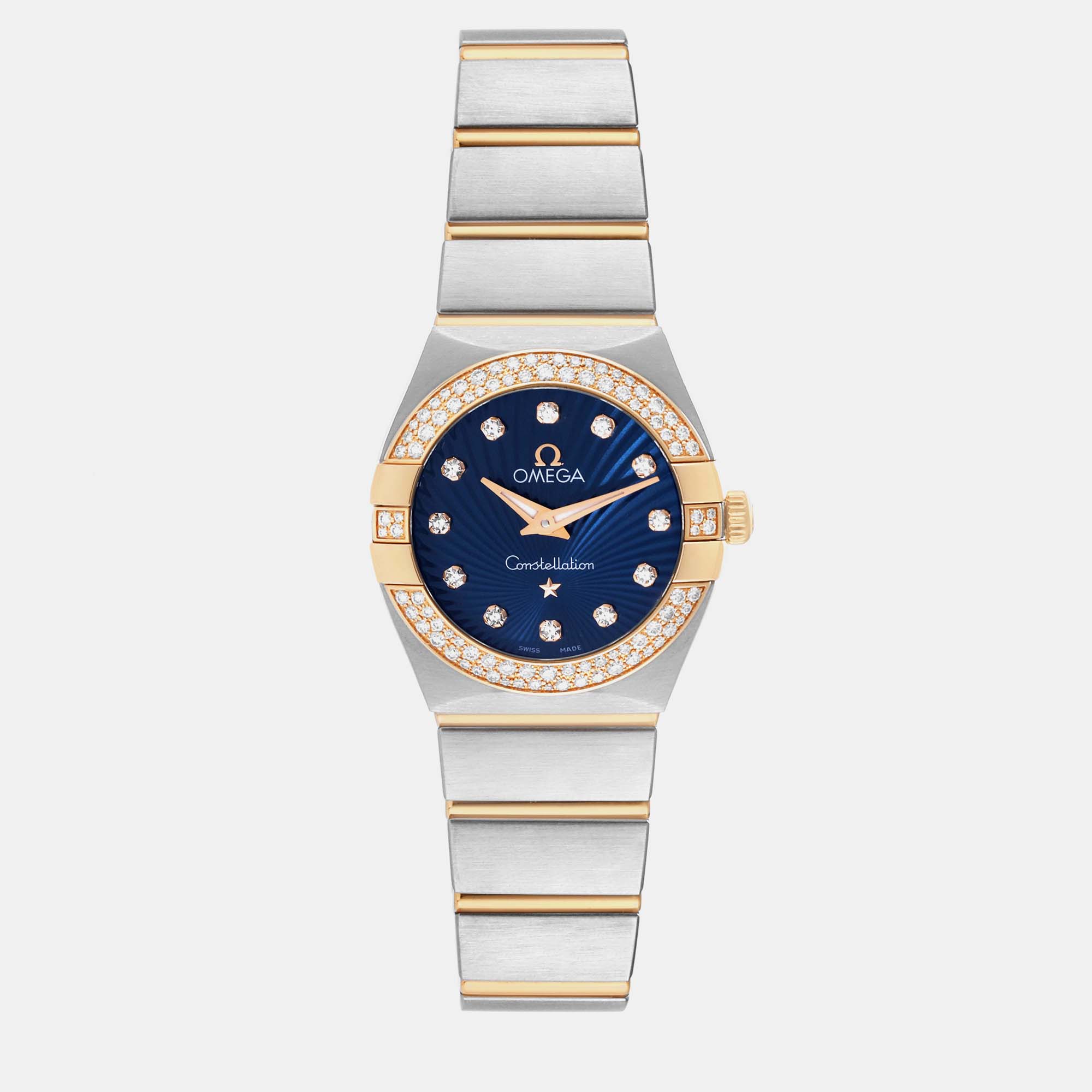 Omega blue diamond 18k rose gold and stainless steel constellation 123.25.24.60.53.001 quartz women's wristwatch 24 mm